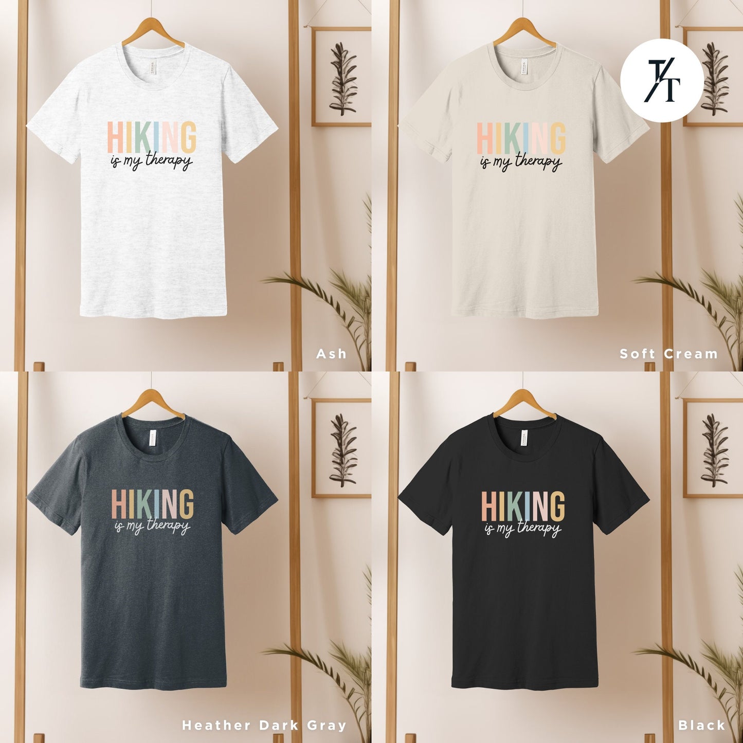 four different t - shirts hanging on a wall