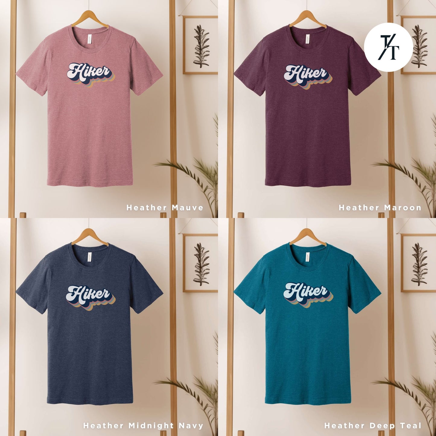 six different styles of t - shirts hanging on a wall