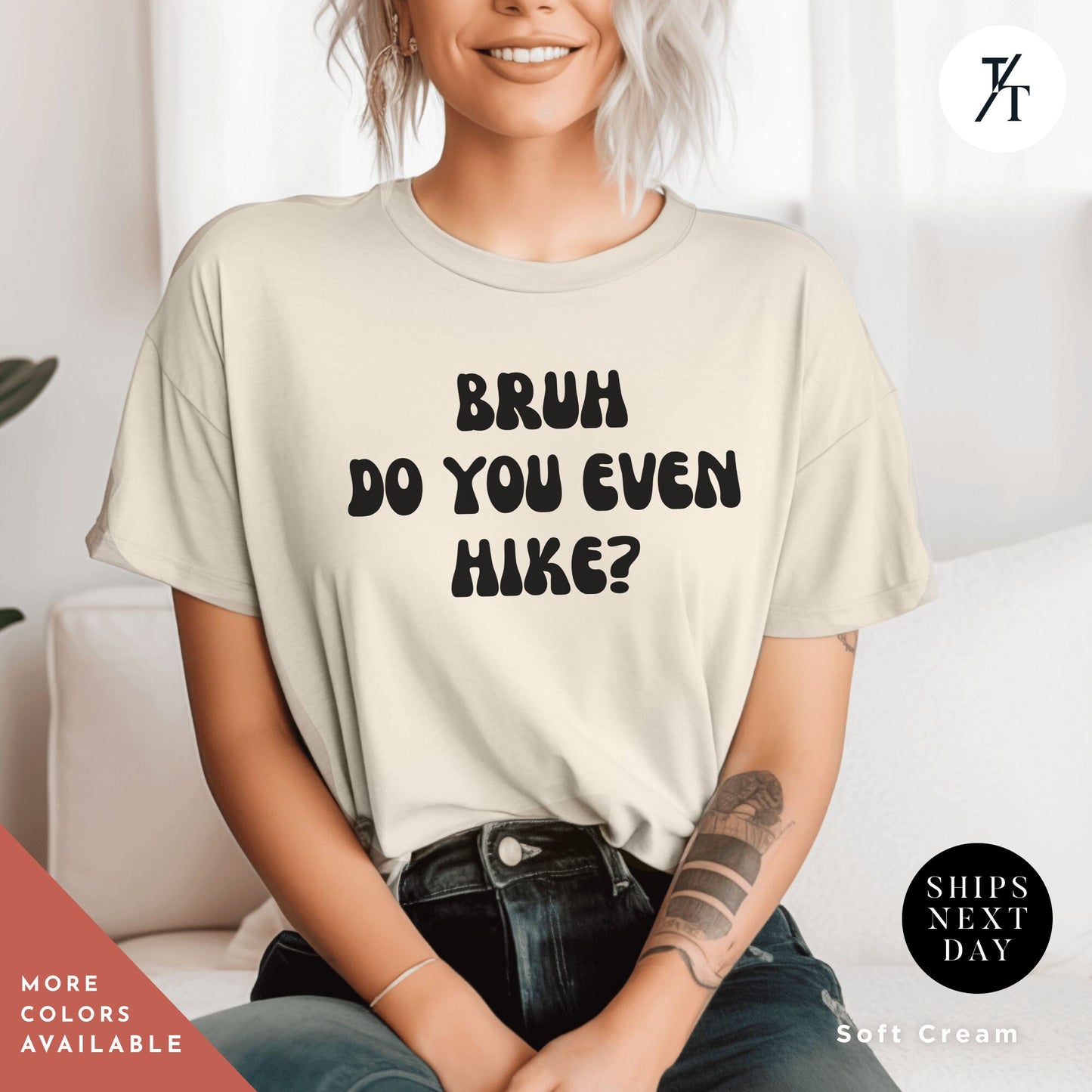 a woman sitting on a couch wearing a t - shirt that says bruh do