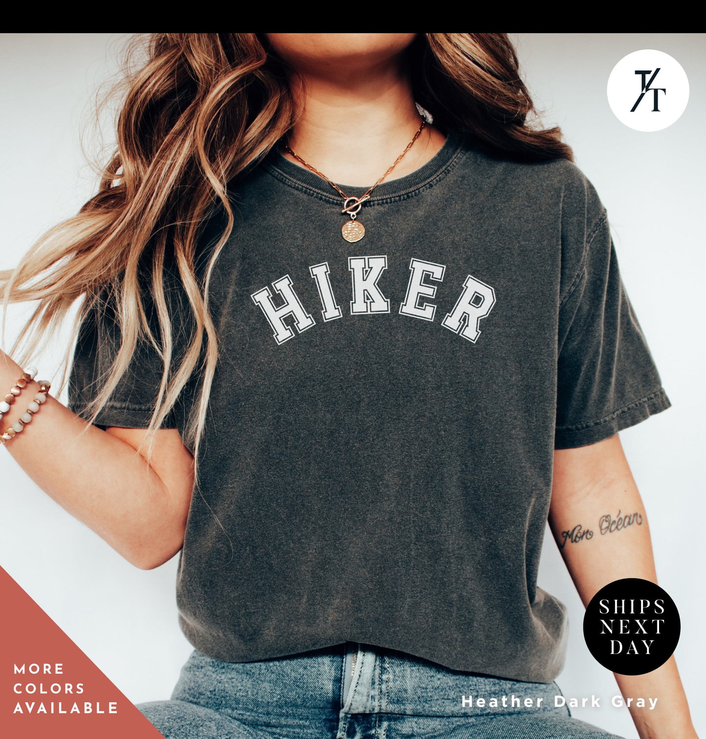 a woman wearing a shirt that says hiker