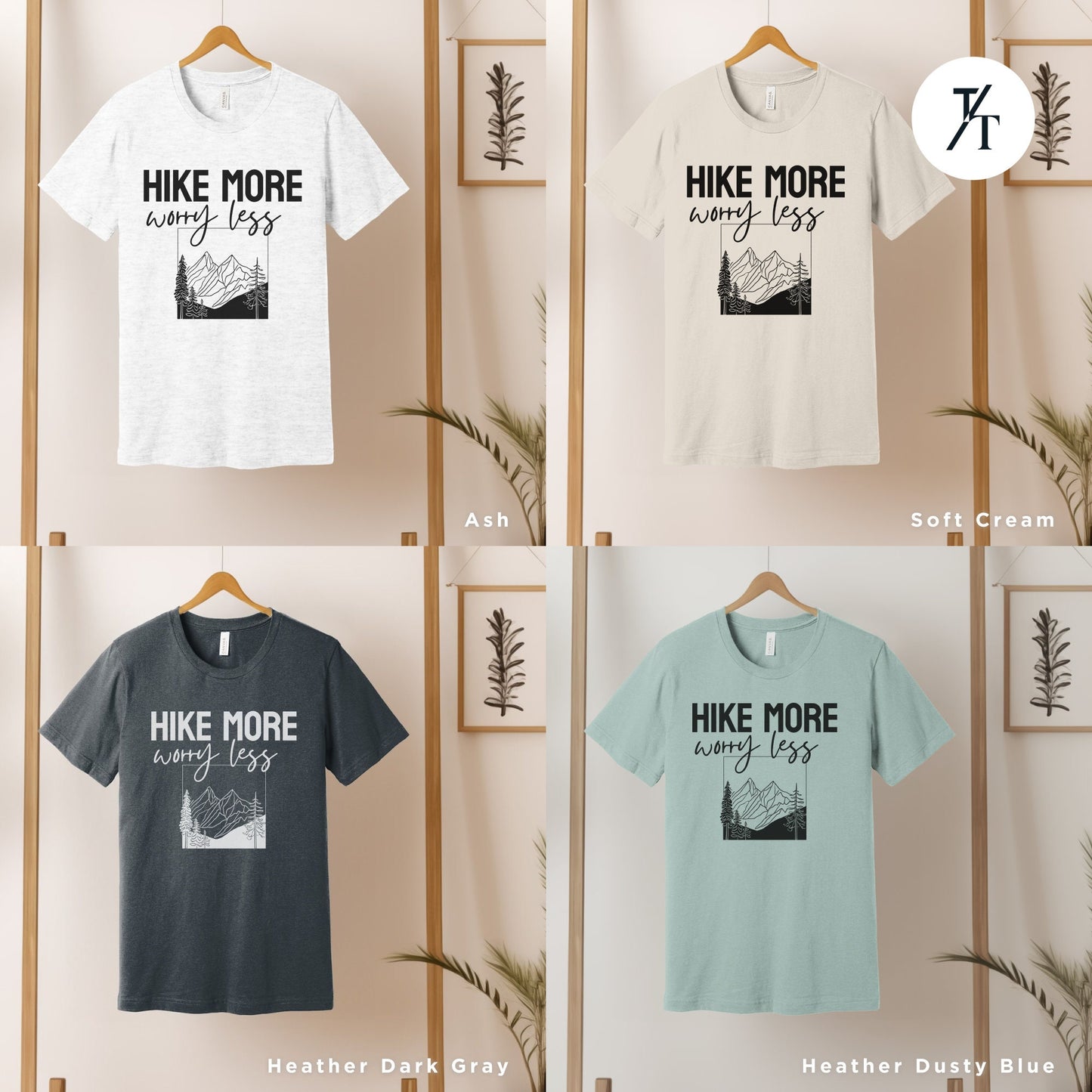 four different t - shirts hanging on a wall