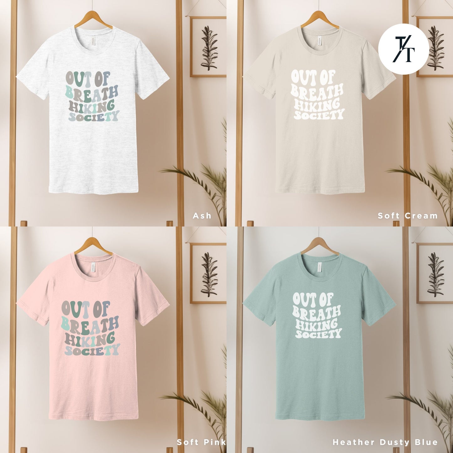 four different t - shirts hanging on a wall