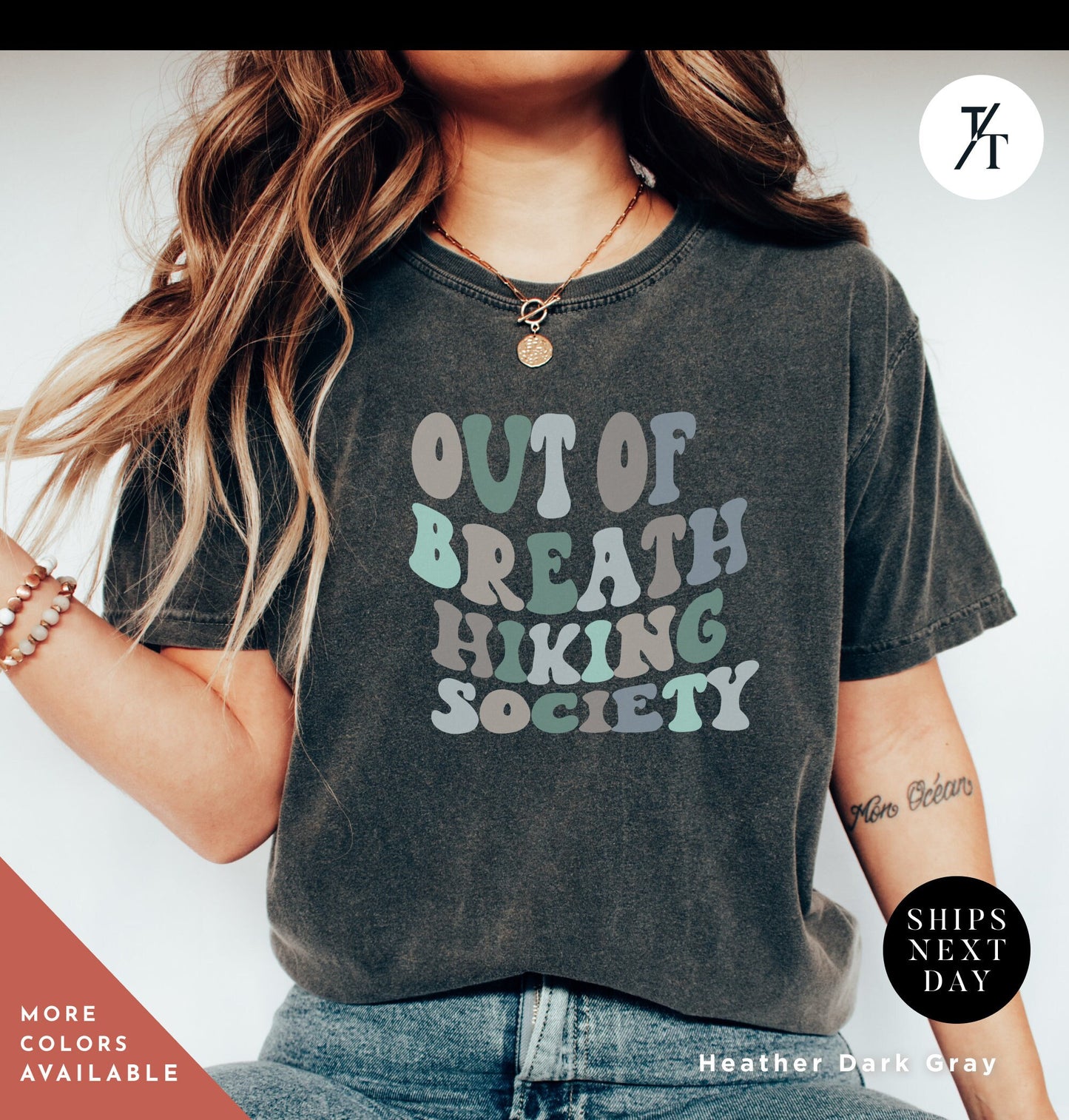 a woman wearing a t - shirt that says out of breath hiking society Hiking Shirt, Hiking Gift, Nature Shirt, Travel tee, Mountain tShirt, Gift For Hiker, Wanderlust t-Shirt, Camping tshirt, hiking tee