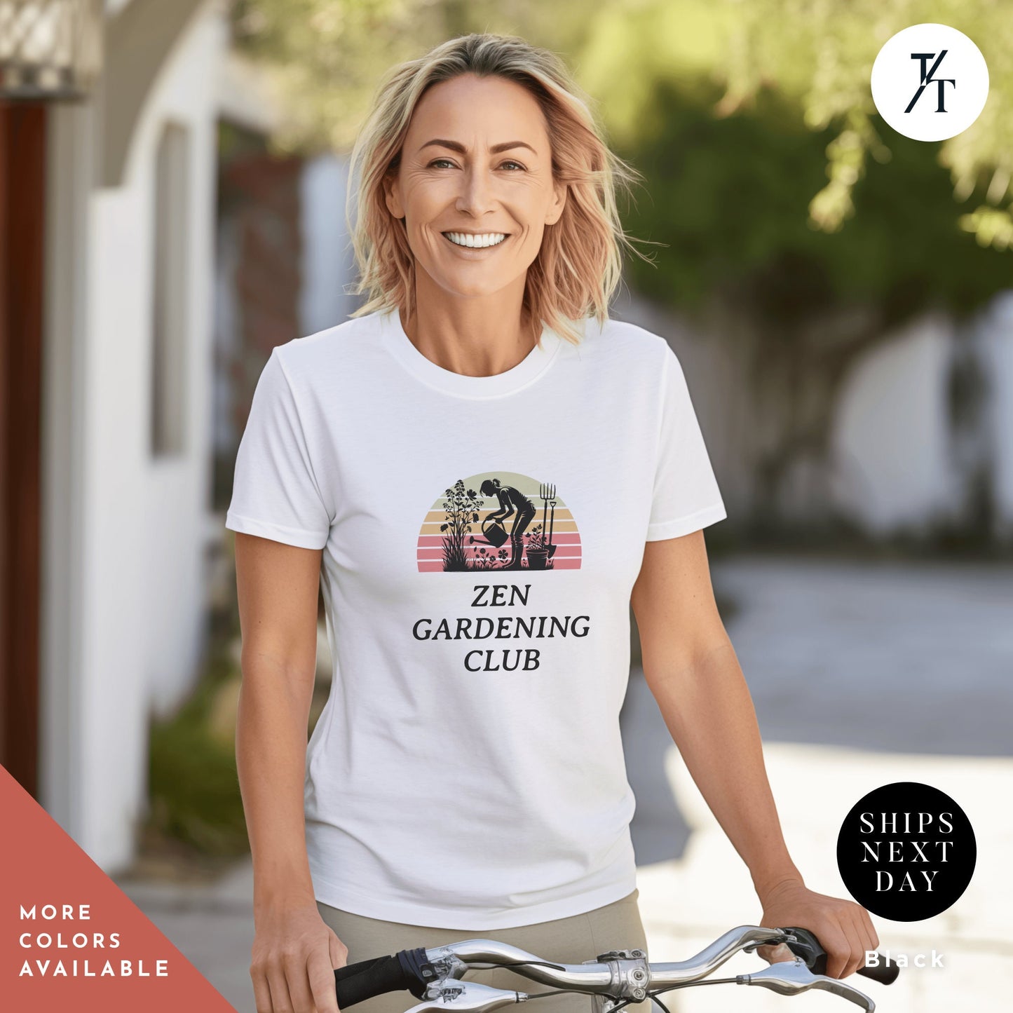 a woman riding a bike wearing a white shirt