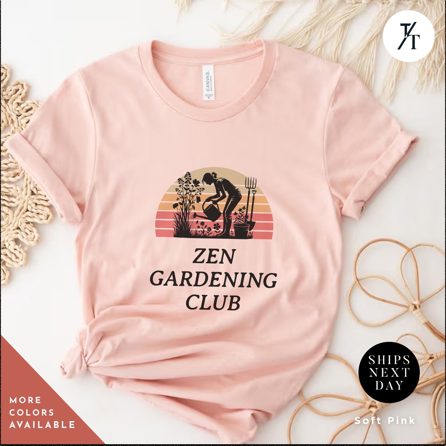 a pink t - shirt with a picture of a man gardening