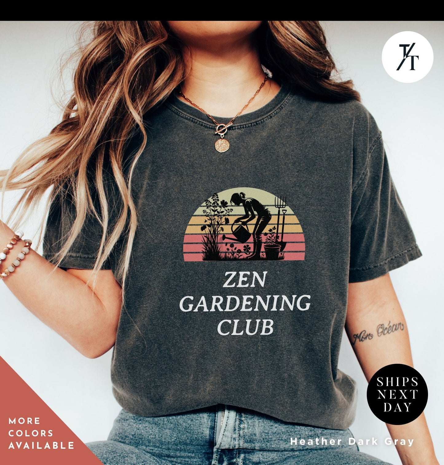 a woman wearing a t - shirt that says,'zen gardening club '