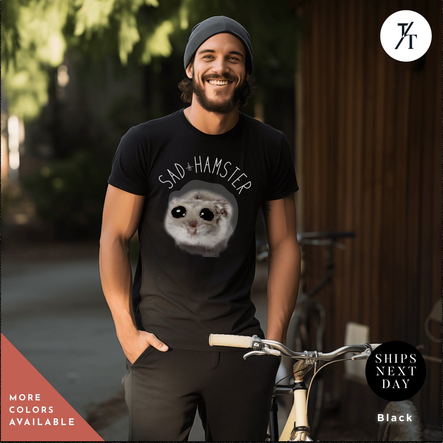 a man standing next to a bike wearing a t - shirt with an image of sad hamster, Sad Hamster Tshirt | Gift For Her | Unisex Tee | I'M Just A Girl Sad Hamster Meme T-Shirt | Cute Coquette Hamster Meme | Meme Tiktok