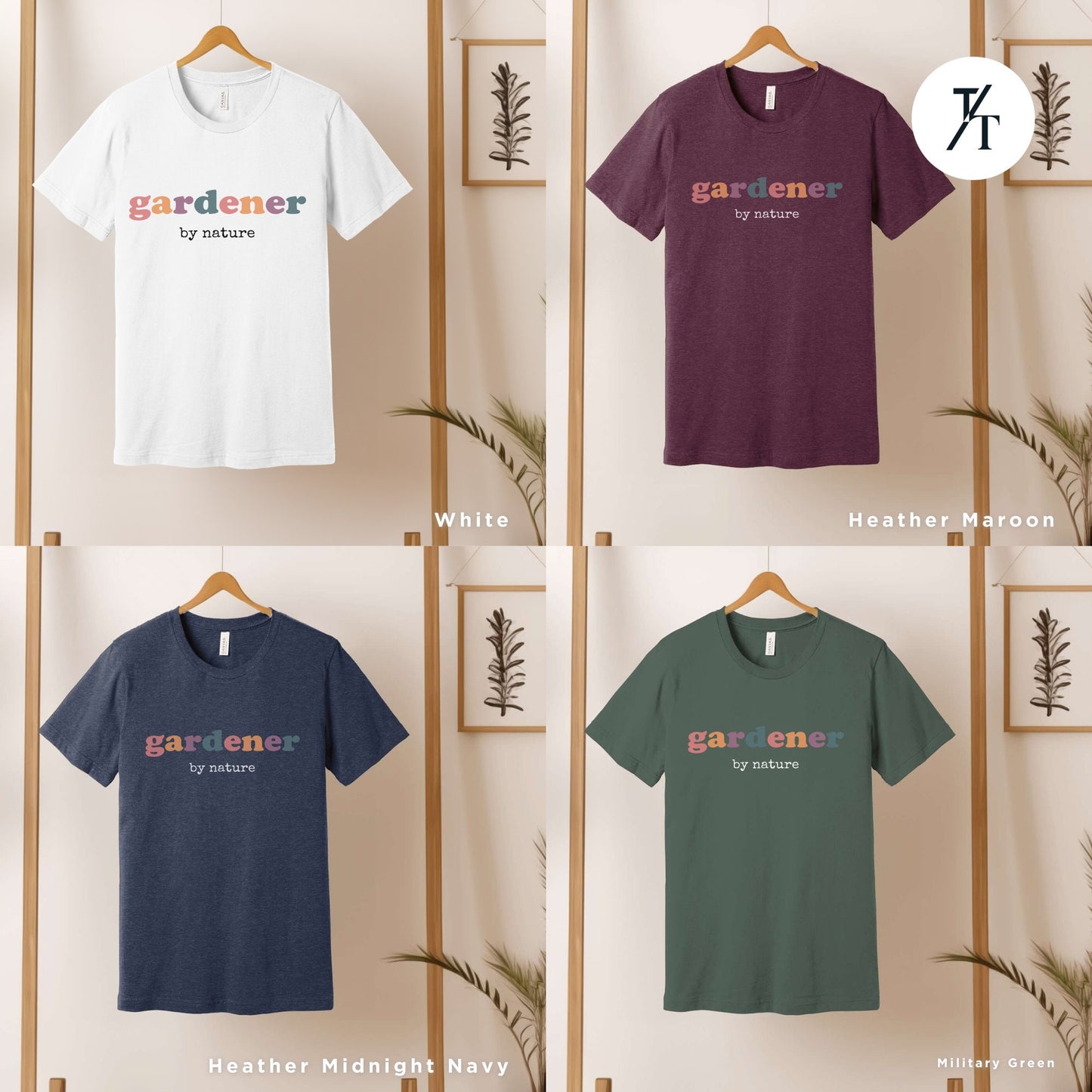 six t - shirts hanging on a wooden rack