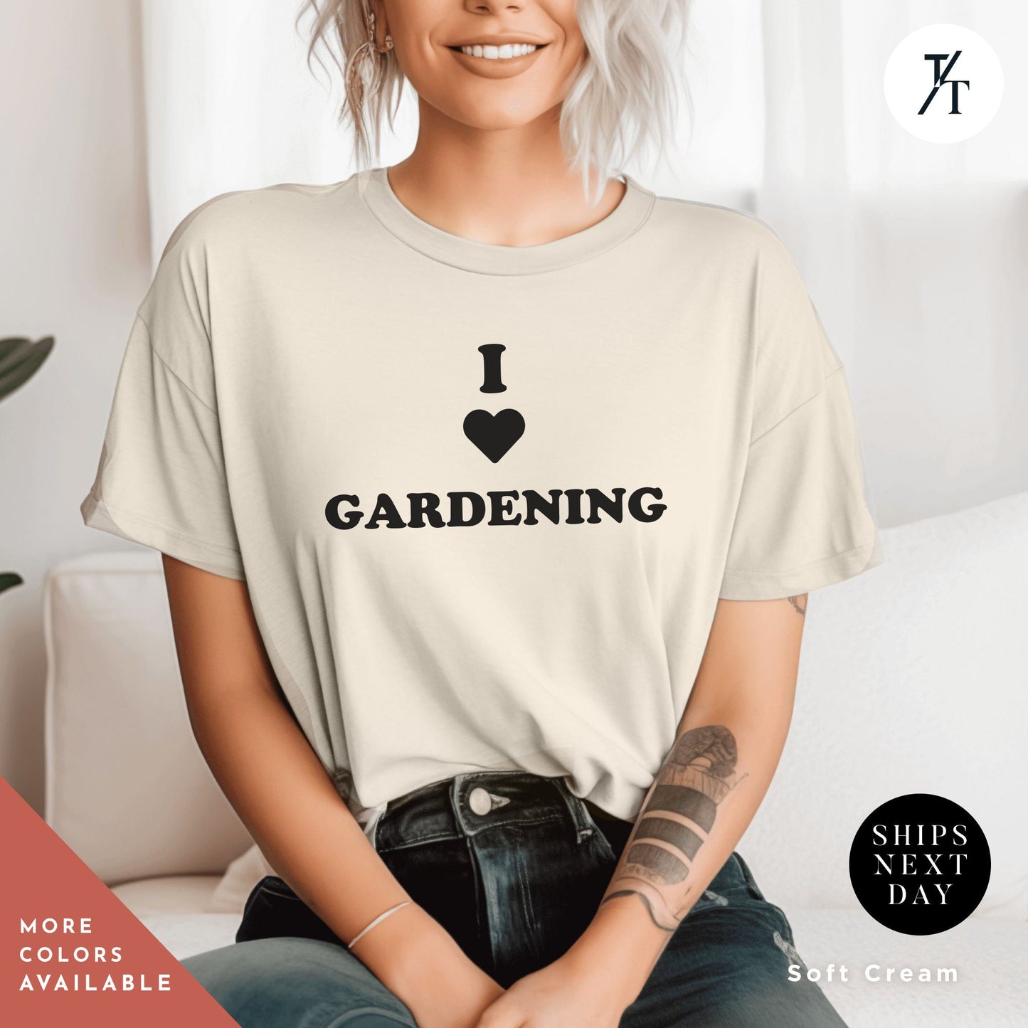 a woman sitting on a couch wearing a t - shirt that says i love gardening