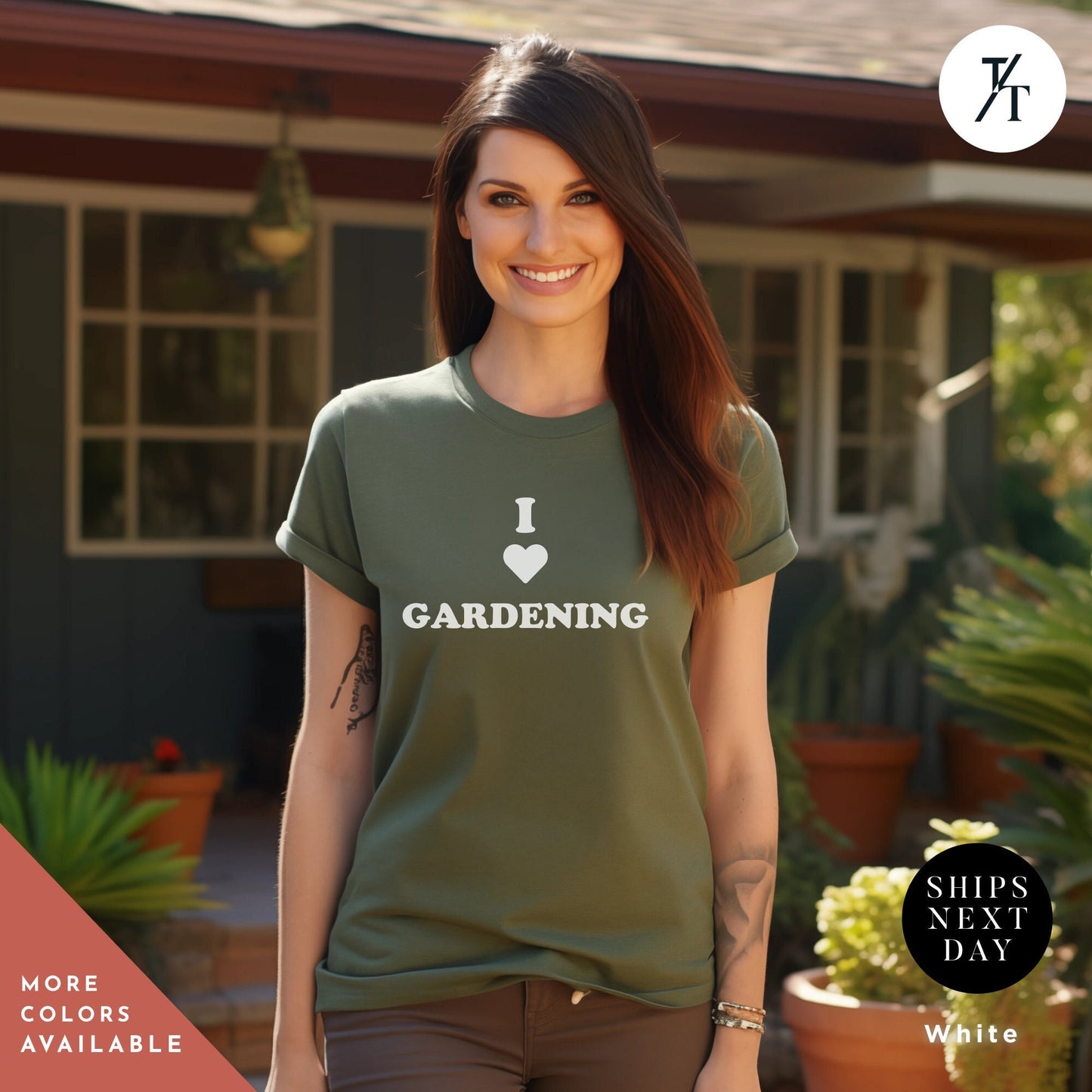 a woman standing in front of a house wearing a green shirt, Unisex I love gardening shirt, garden t-shirt, garden shirt bestseller, Gift For Mom, Plant Lady, peace love garden gnome shirt