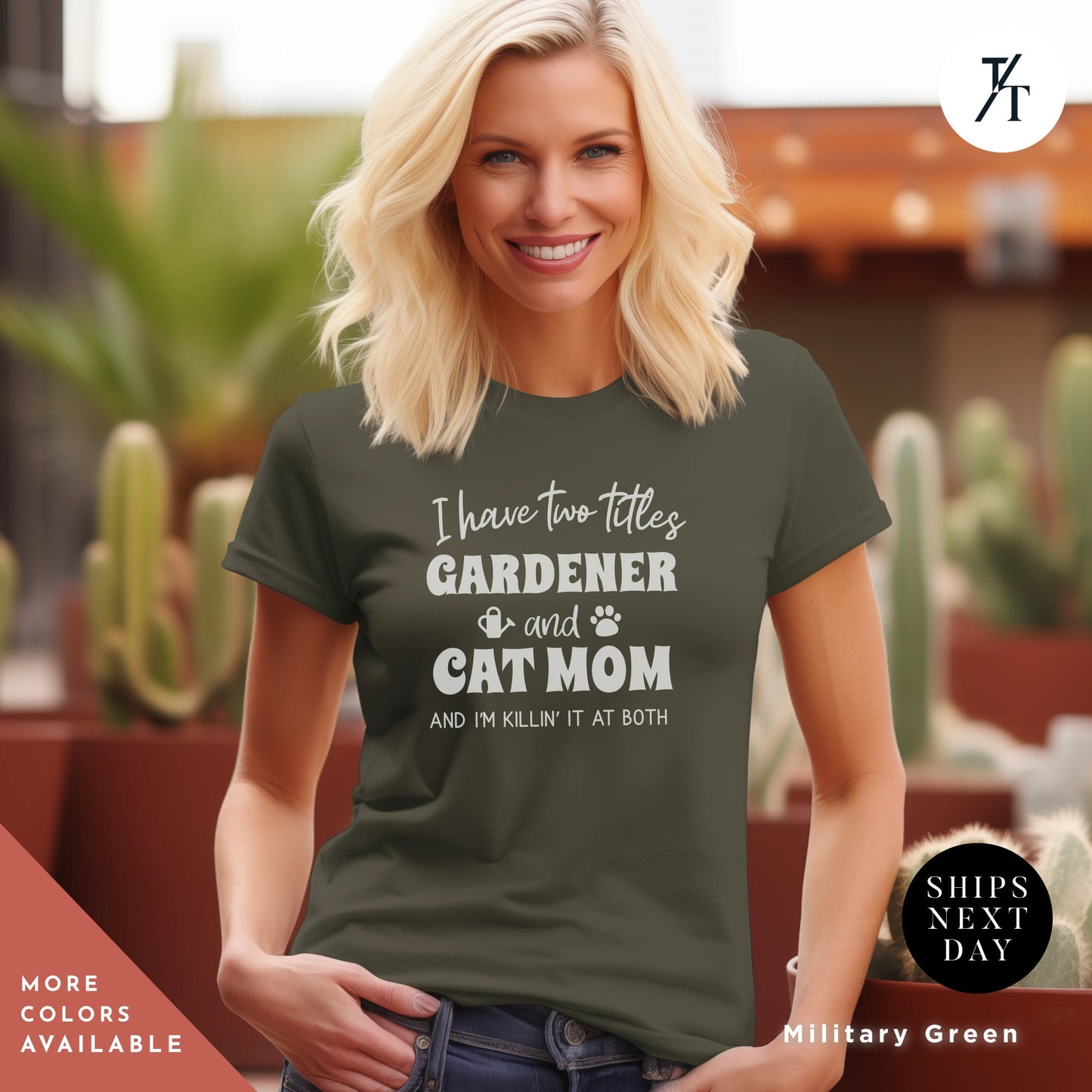a woman wearing a t - shirt that says i have two titles gardener and cat