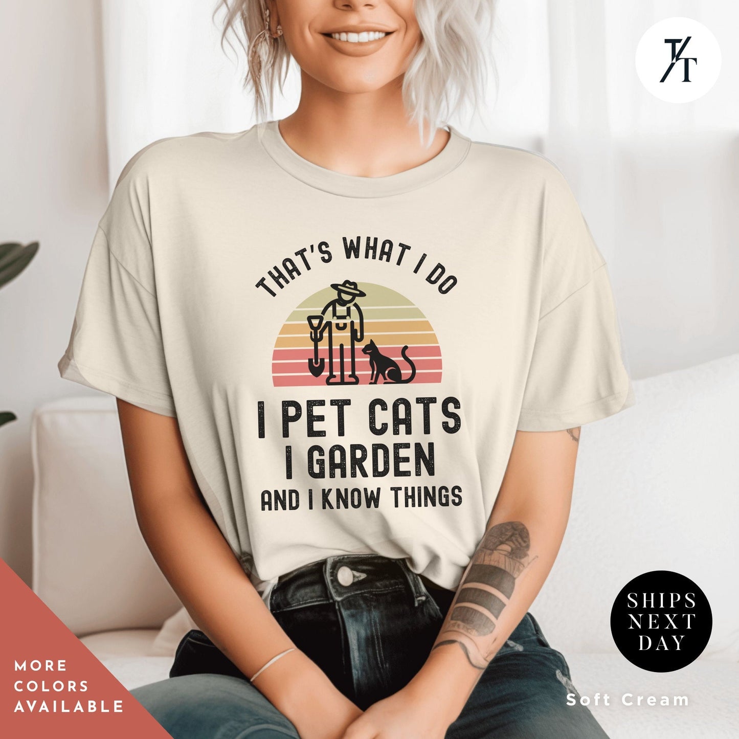 a woman wearing a t - shirt that says, that's what i do, Cats And Gardening Shirts, Cats And Plants Tee, Plant Lover Shirt, Funny Garden tshirt, Plant Lady tee, Cat Watering Plants Gardener Tshirt