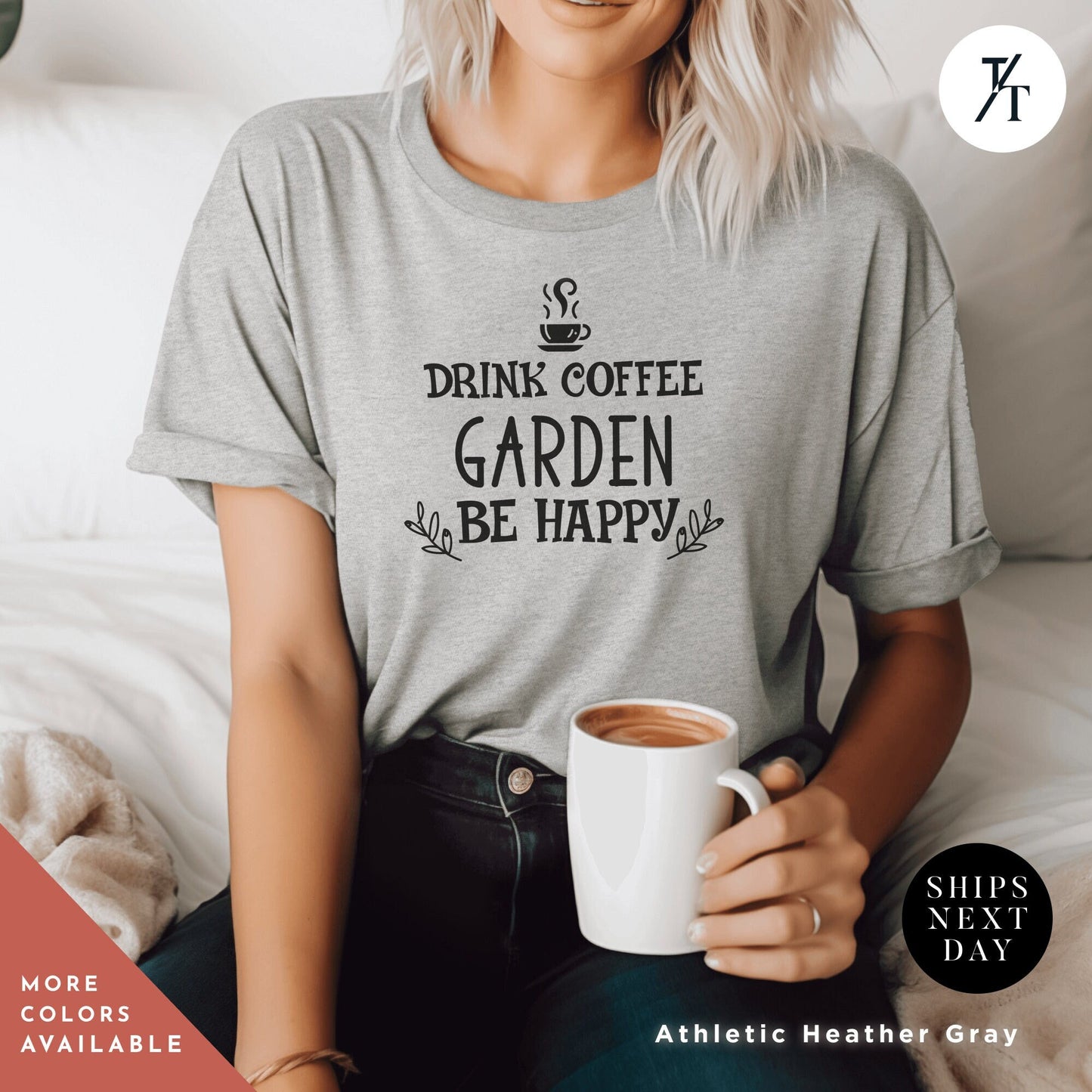 a woman sitting on a bed holding a cup of coffee, Gardener coffee shirt, coffee garden tshirt, garden shirt bestseller, Plant Lover tshirt, Gift For Gardener, Plant Lady tee, Botanical tee