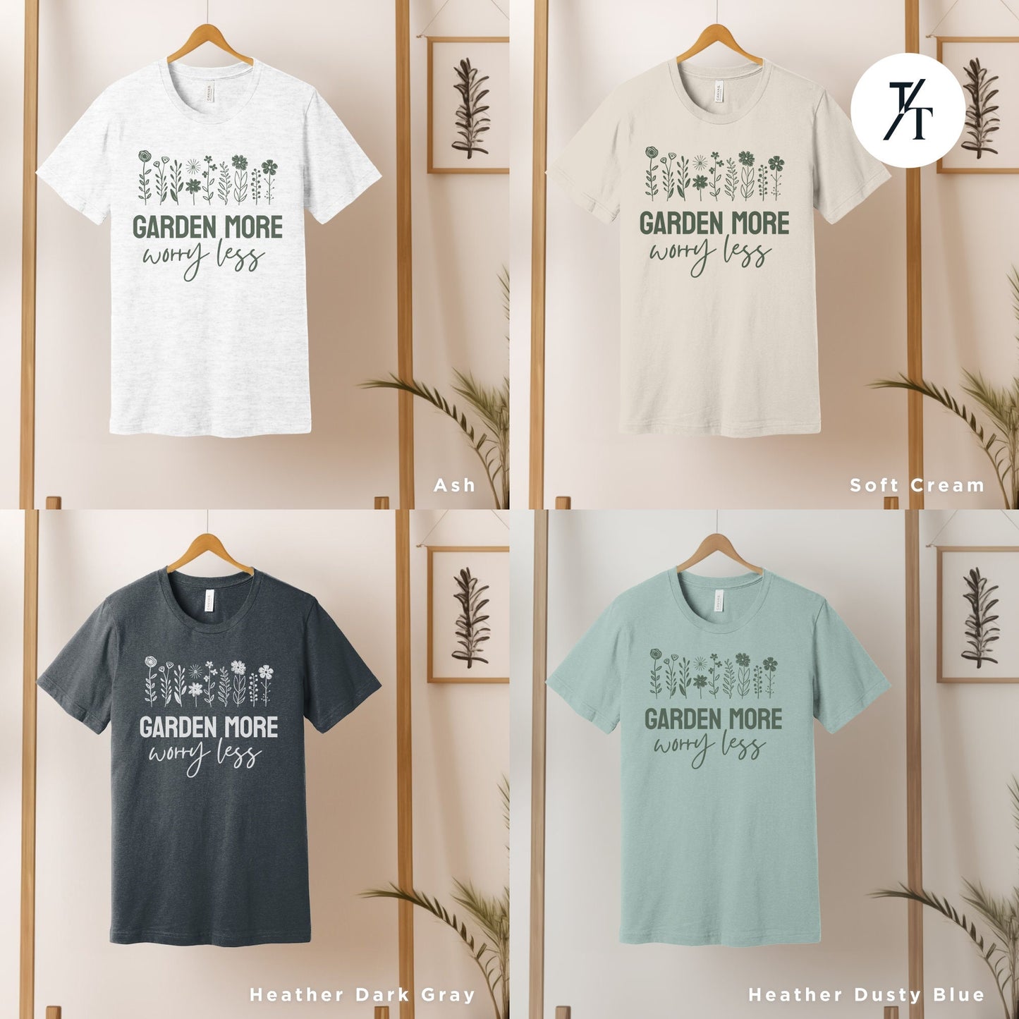 four different t - shirts hanging on a wall