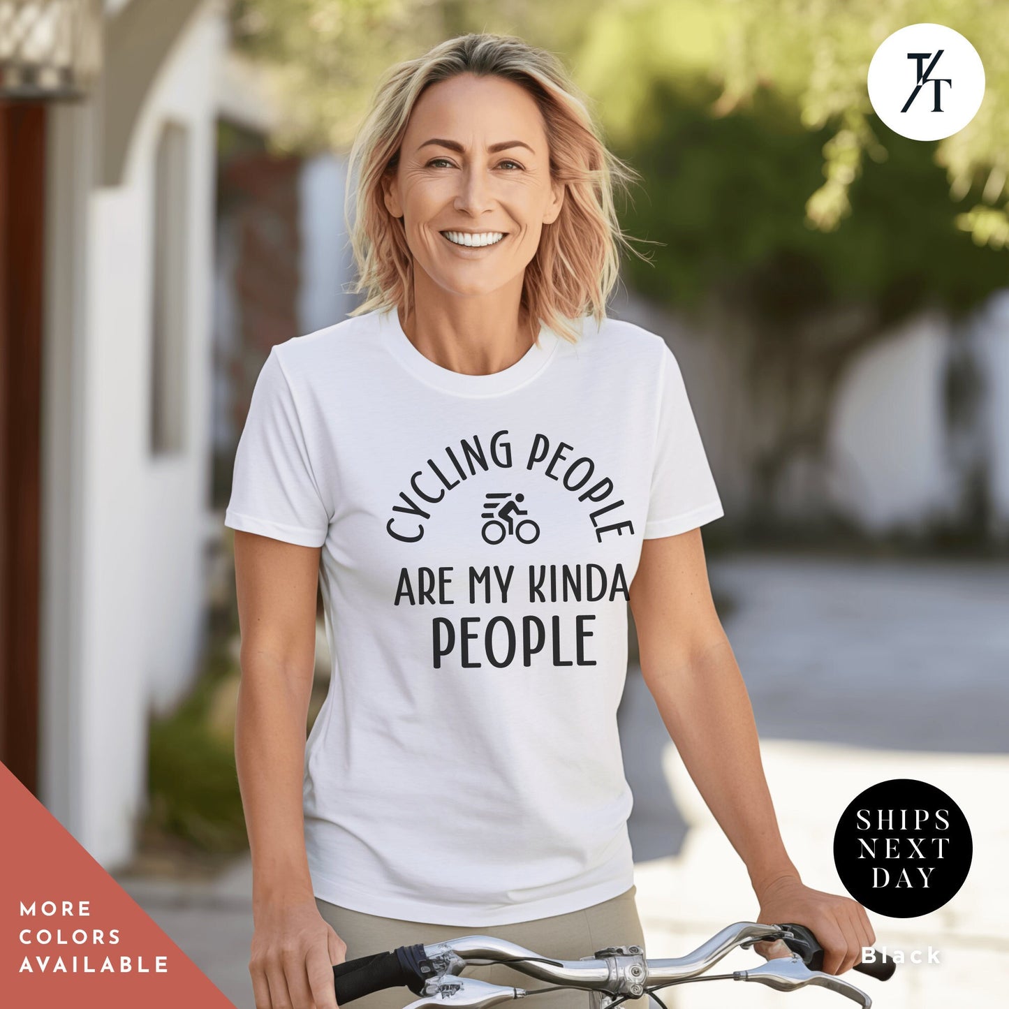 a woman wearing a white shirt that says cycling people are my kinda people
