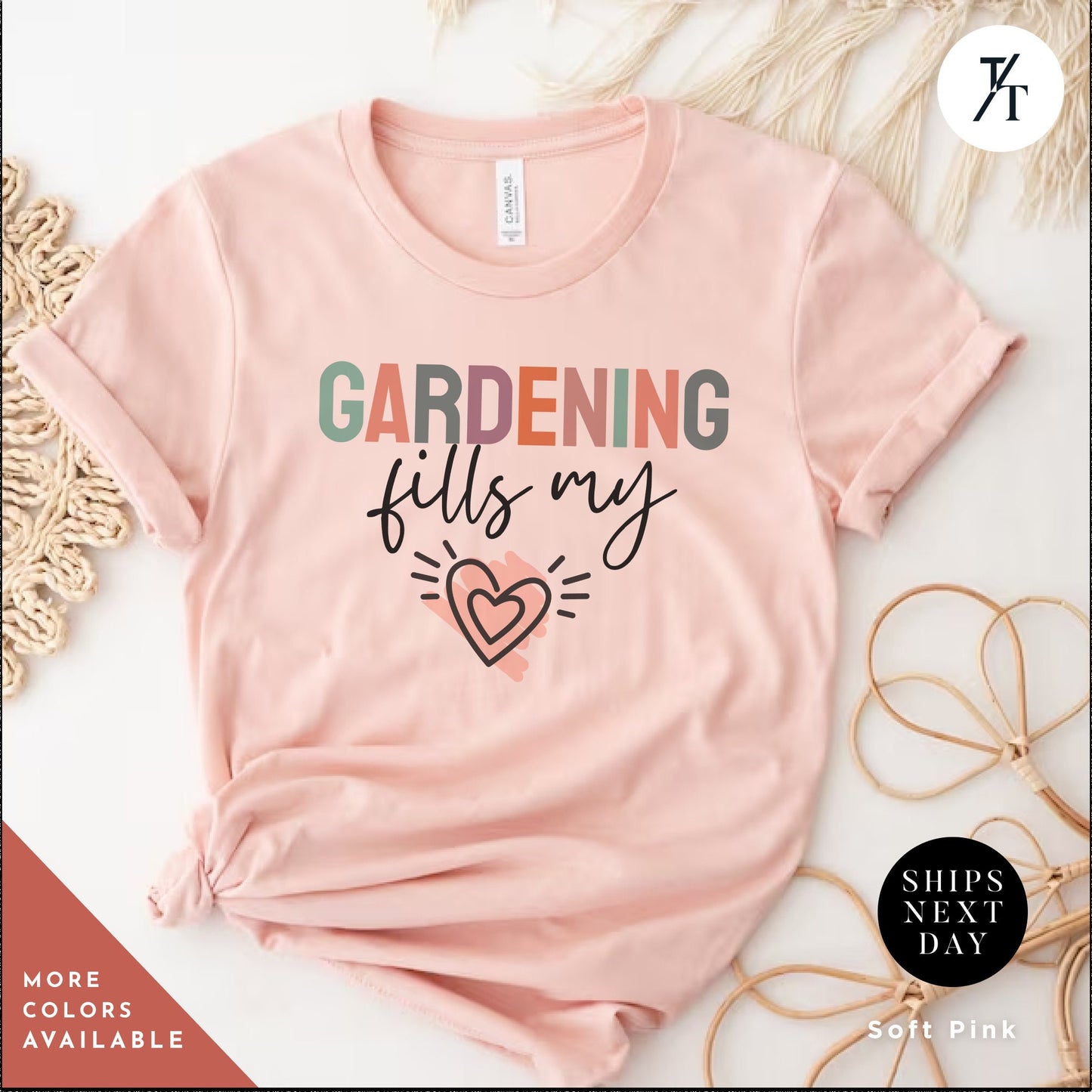 a pink shirt that says gardening fills my heart