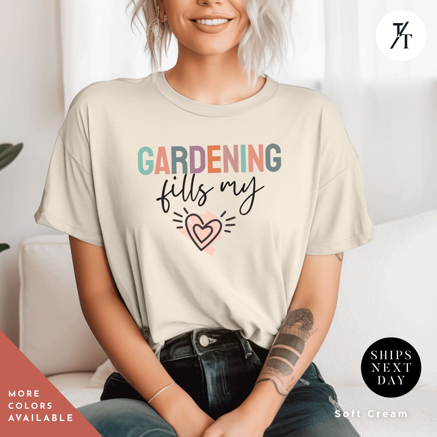a woman sitting on a couch wearing a t - shirt that says gardening fills my