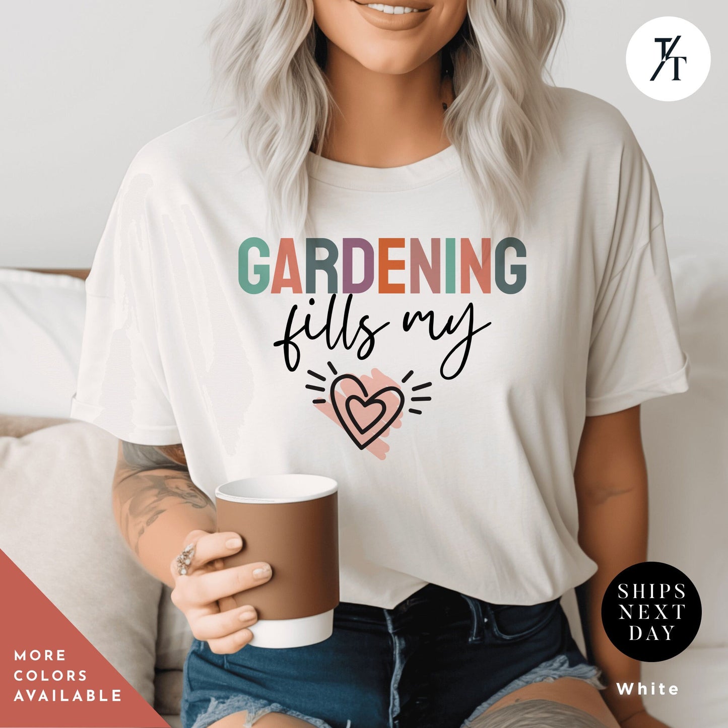 a woman sitting on a couch holding a cup of coffee, Gardening fills my heart, garden t-shirt, garden shirt bestseller, Garden tshirt, Gift For Mom, Plant Lady, Garden Lover Shirt, Gardener tee