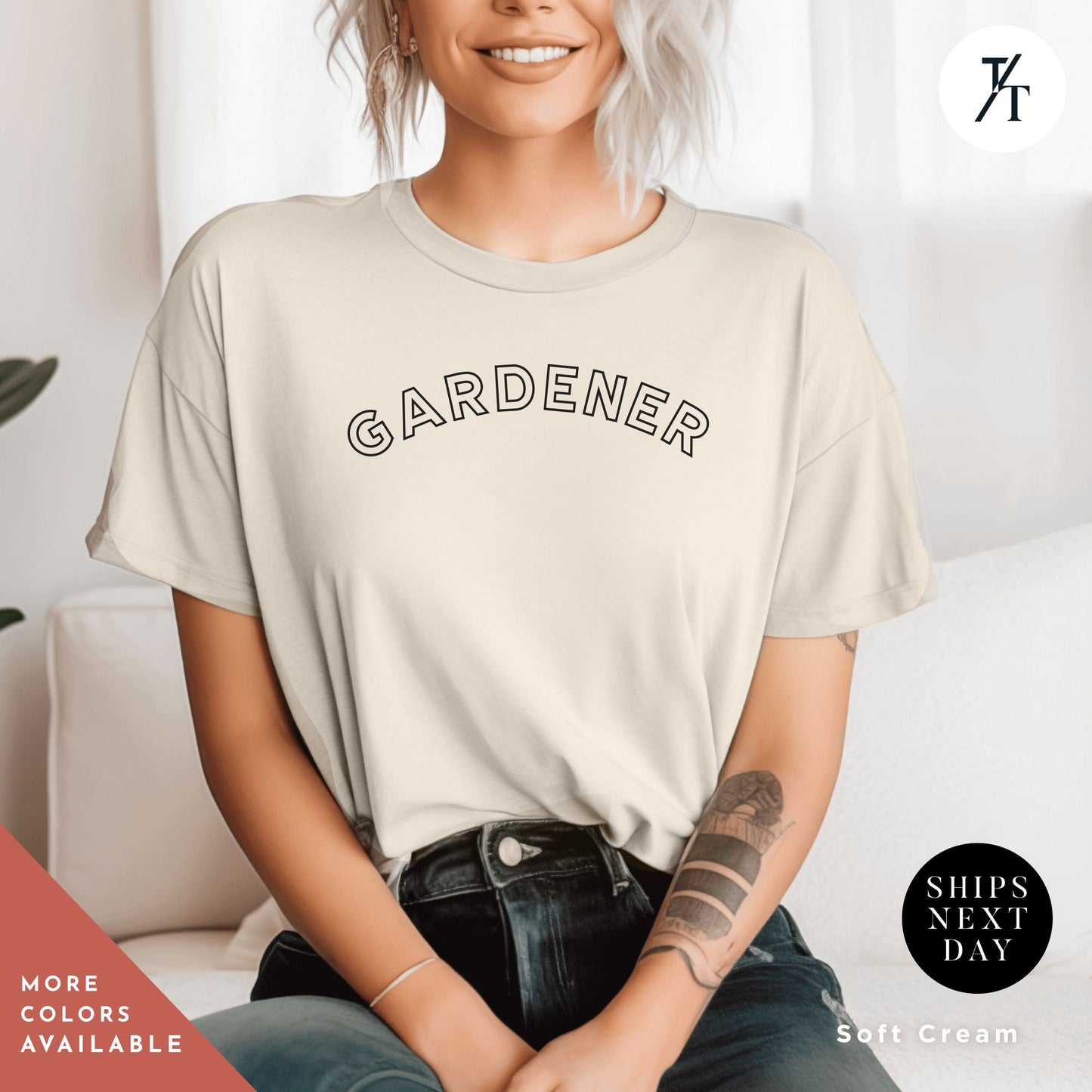 a woman sitting on a couch wearing a t - shirt that says gardener