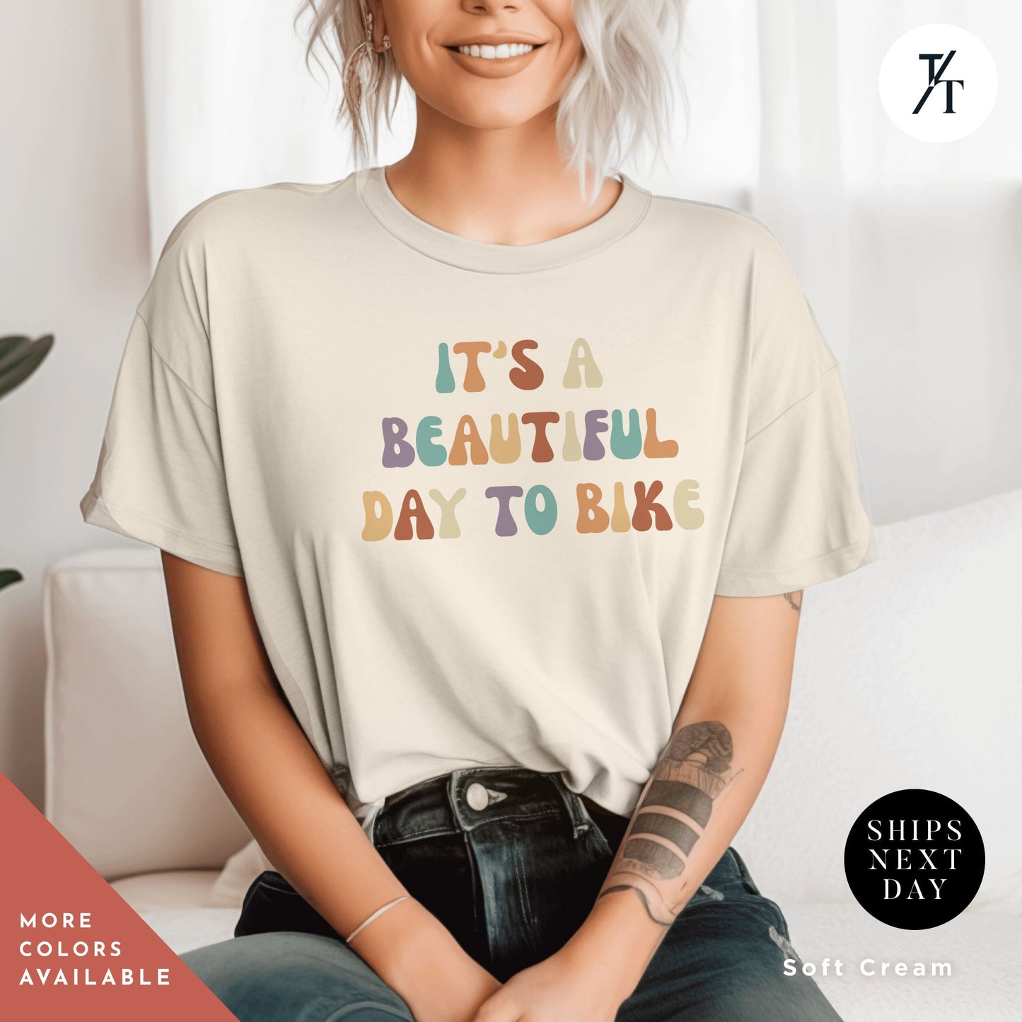 a woman wearing a t - shirt that says it's a beautiful day to
