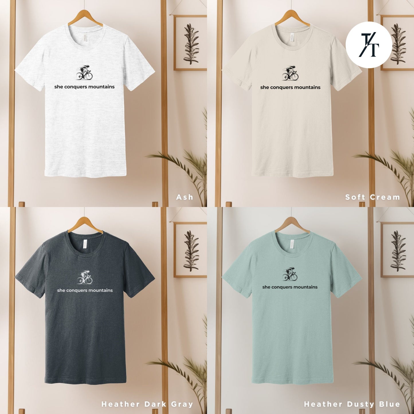 four t - shirts hanging on a wooden rack