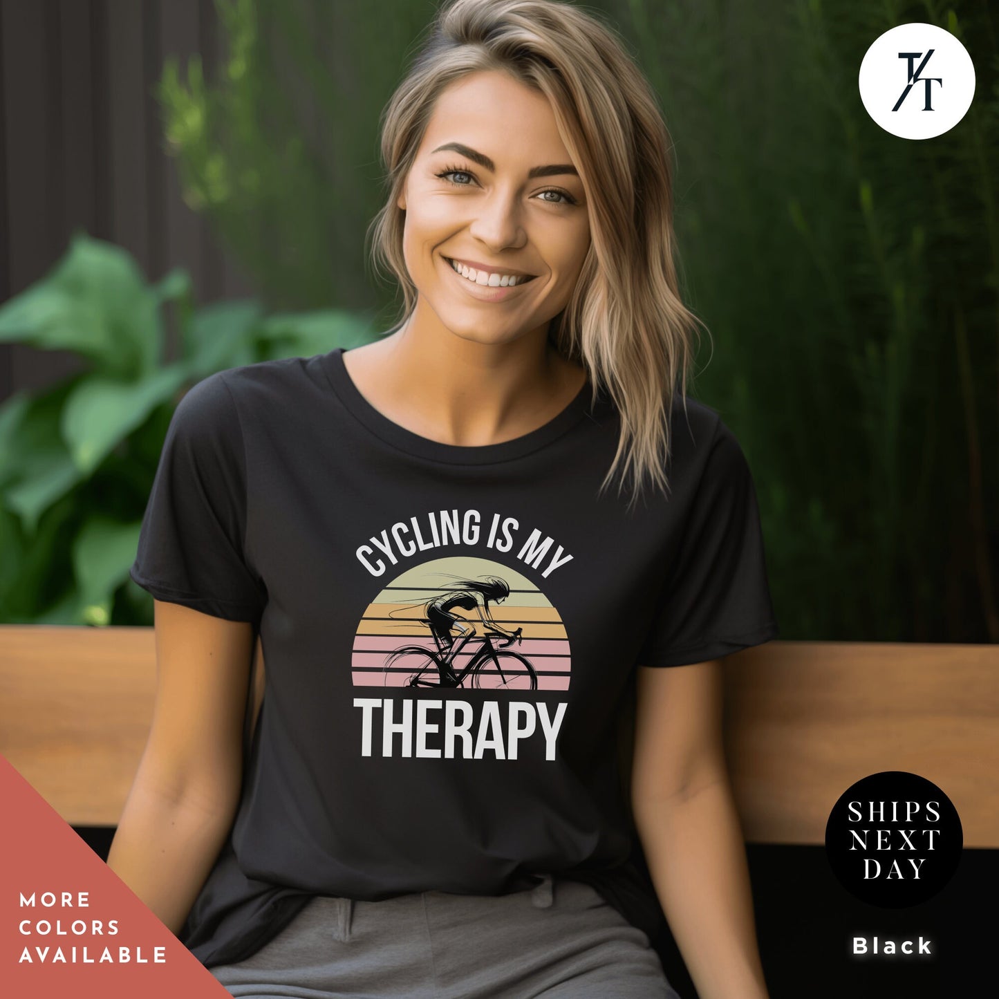 a woman wearing a black cycling is my therapy t - shirt