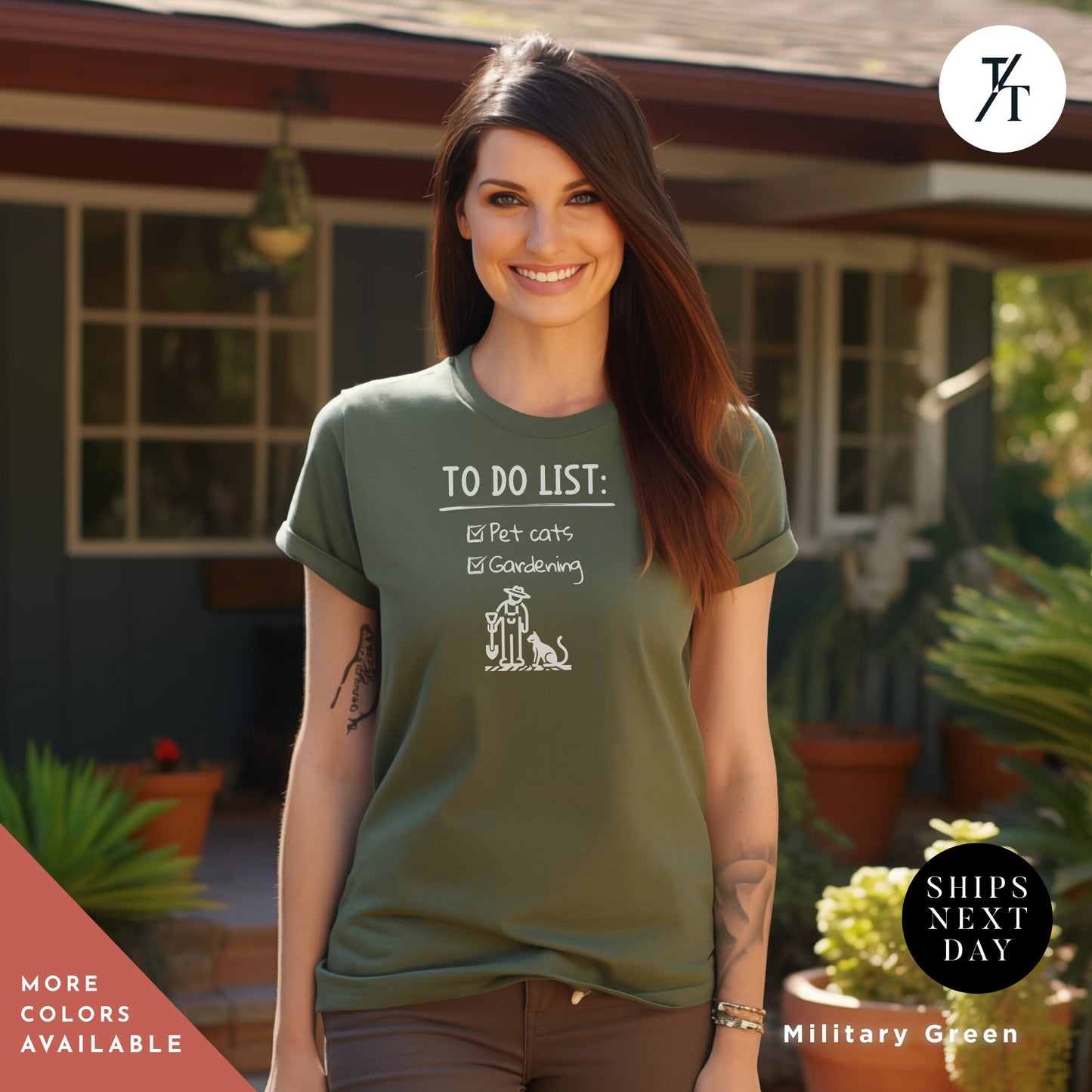 a woman standing in front of a house wearing a green shirt, Cats And Gardening Shirts, Cats And Plants Tee, Plant Lover Shirt, Funny Garden tshirt, Plant Lady tee, Cat Watering Plants Gardener Tshirt