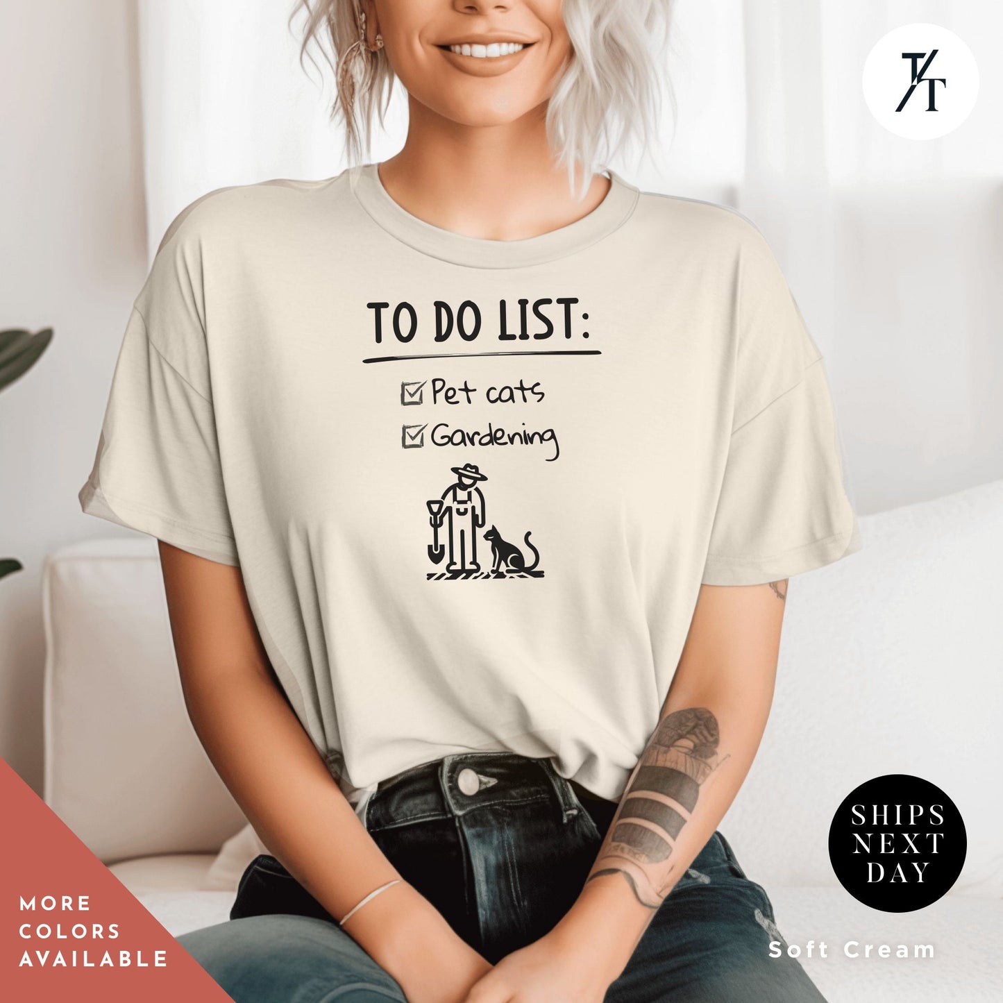 a woman sitting on a couch wearing a t - shirt that says to do list, Cats And Gardening Shirts, Cats And Plants Tee, Plant Lover Shirt, Funny Garden tshirt, Plant Lady tee, Cat Watering Plants Gardener Tshirt