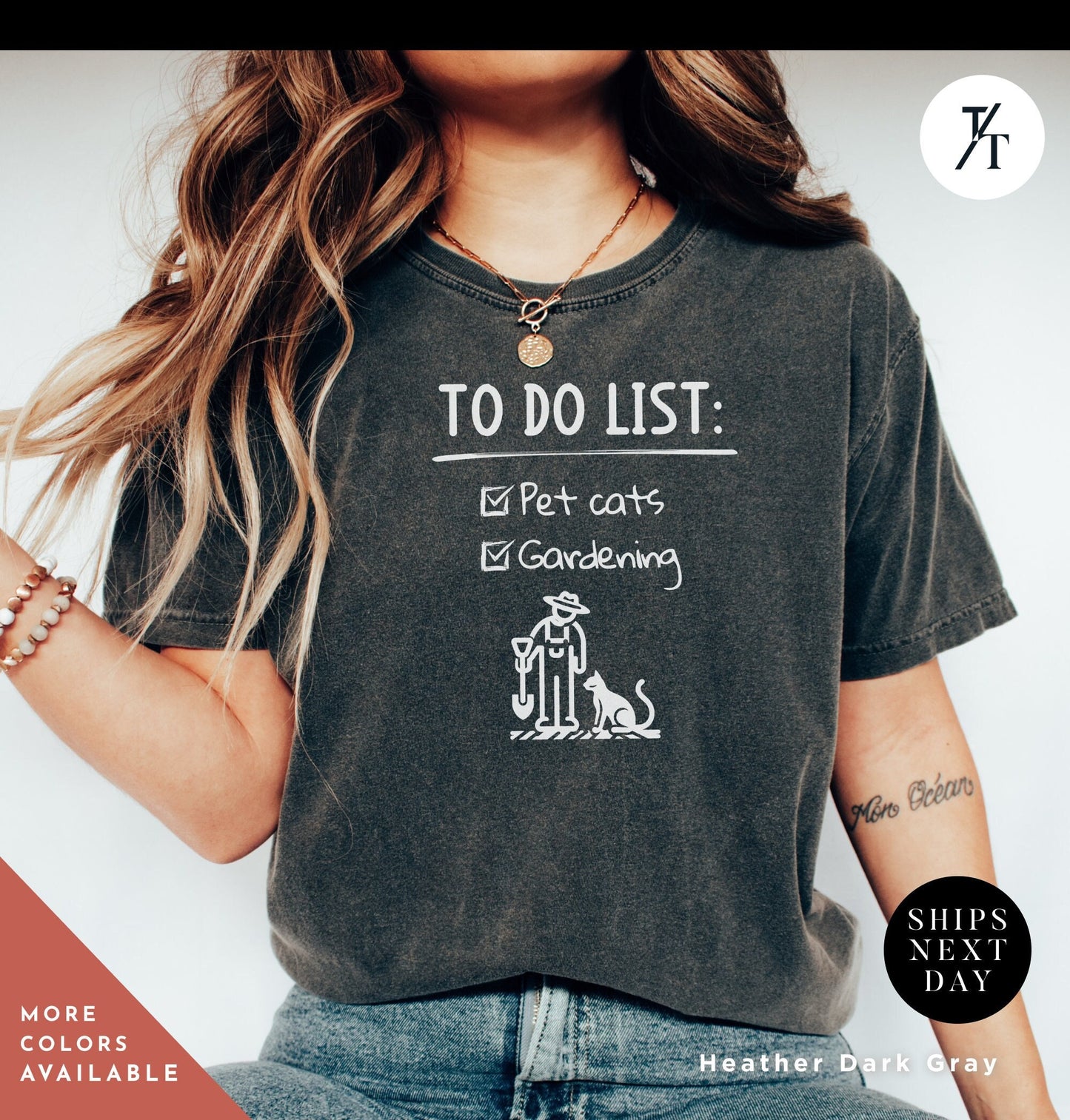a woman wearing a t - shirt that says to do list, Cats And Gardening Shirts, Cats And Plants Tee, Plant Lover Shirt, Funny Garden tshirt, Plant Lady tee, Cat Watering Plants Gardener Tshirt
