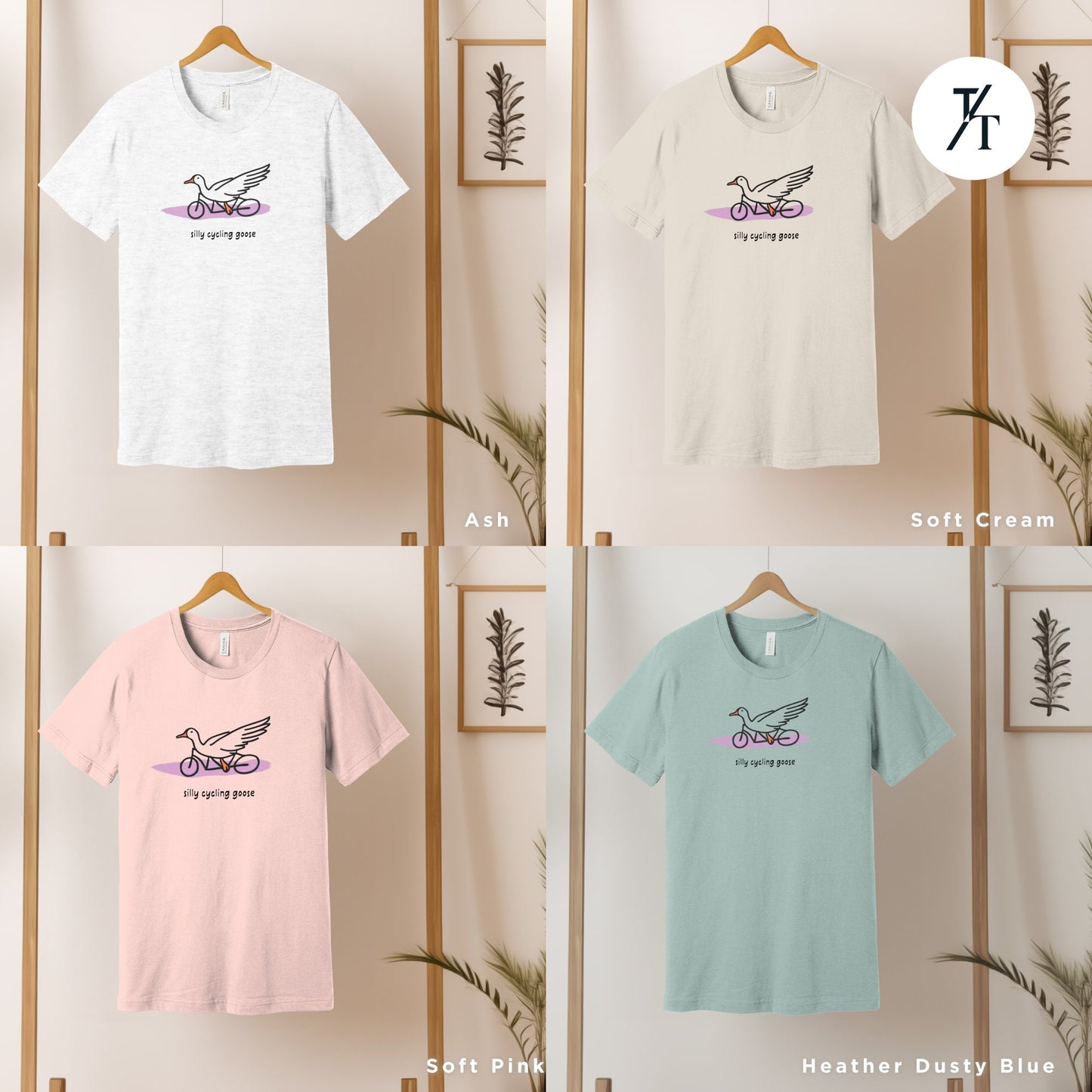 four t - shirts hanging on a wall with a plant in the background