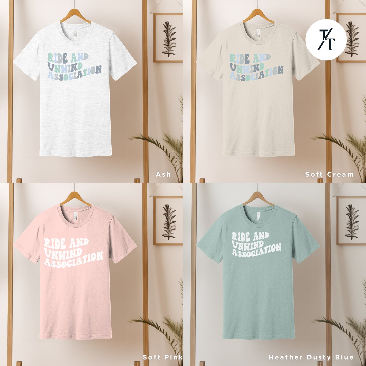 a group of t - shirts hanging on a wall