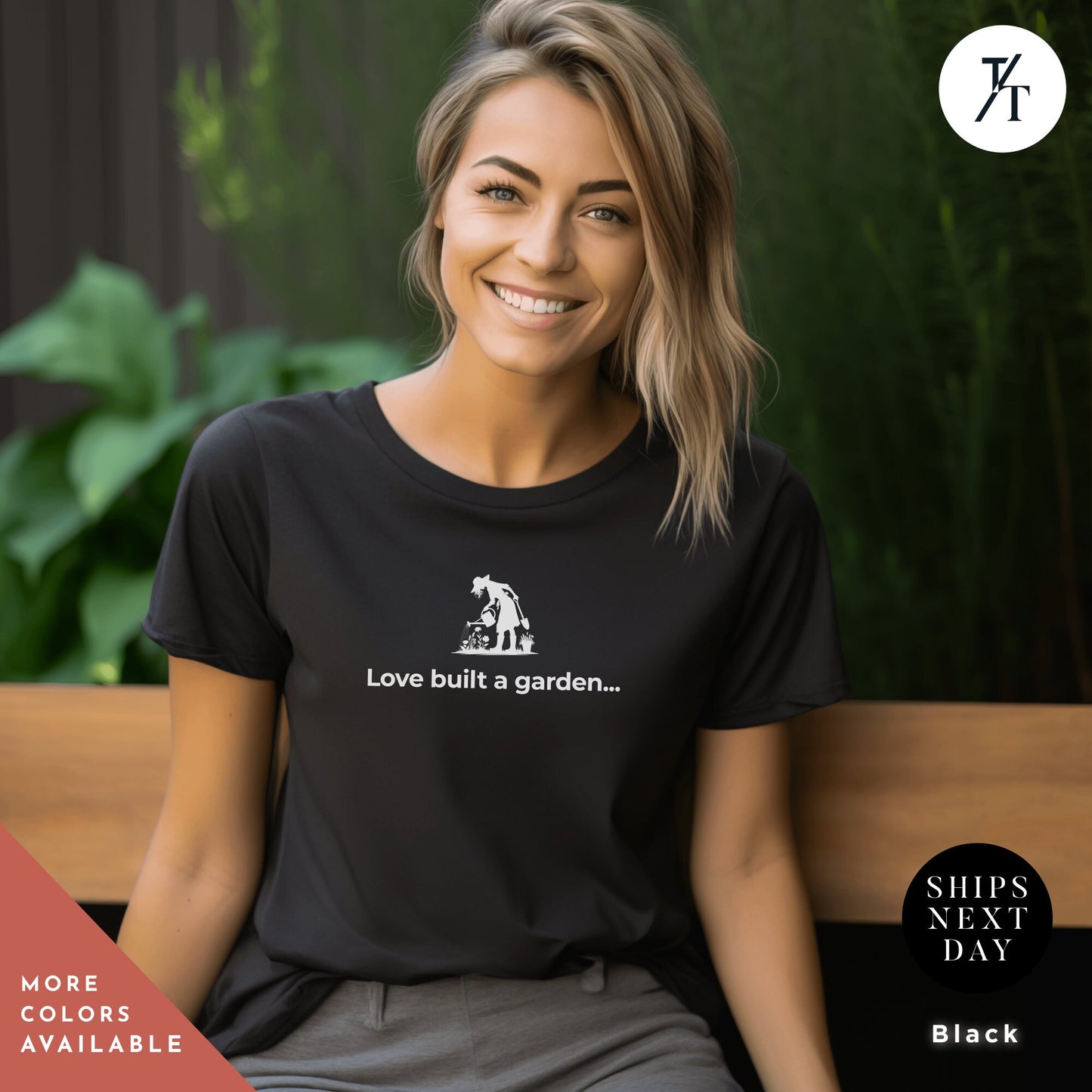 a woman sitting on a bench wearing a black shirt, Love built a garden t-shirt, garden shirt bestseller, Gift For Mom, Plant Lady tee, Garden Lover Gift, Peace Love Garden, Farmer Shirt