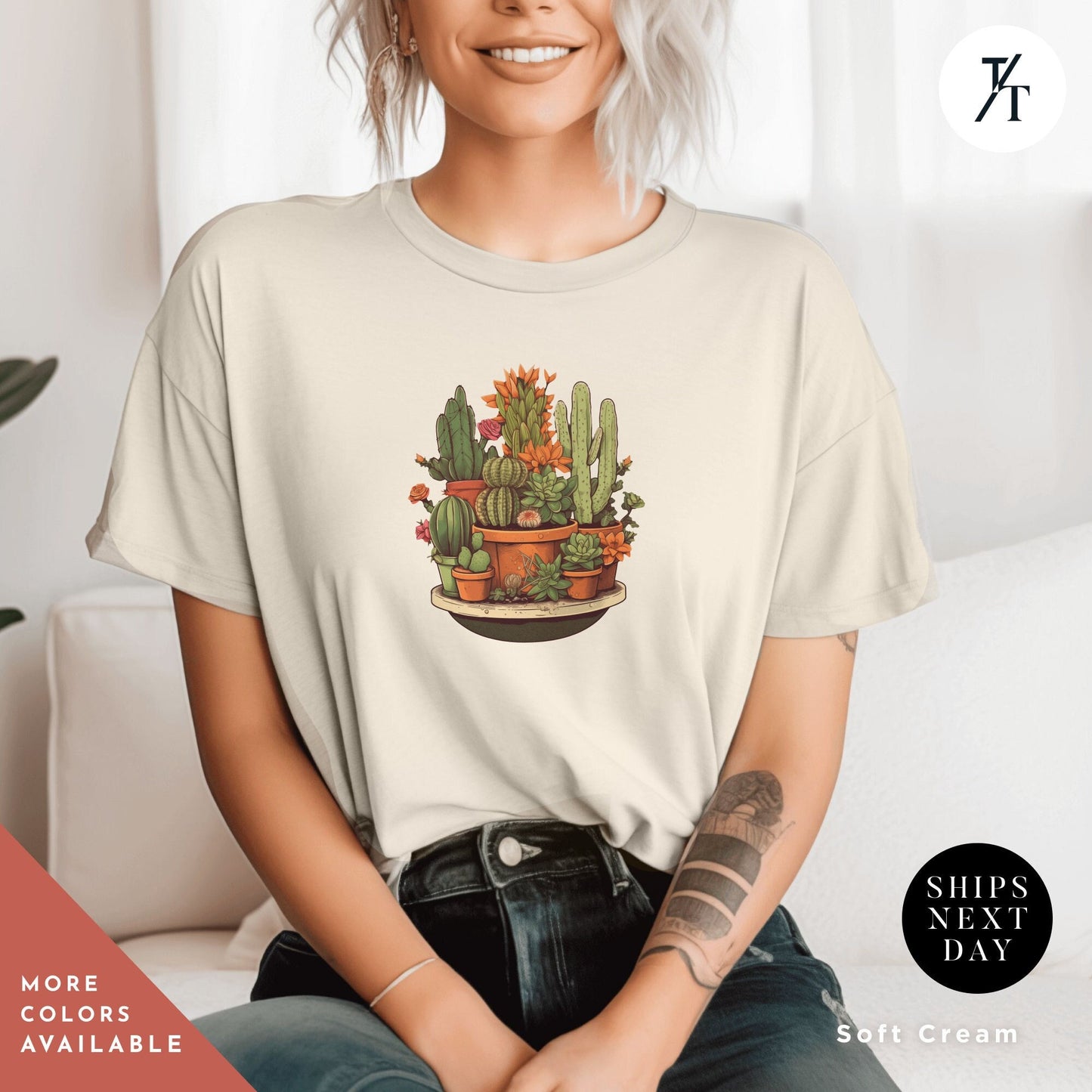 a woman sitting on a couch wearing a t - shirt with a potted plant, Unisex Succulent Shirt, Plants Lover Shirt, plant dad tShirt, Succulent Plants Tee, Cactus Plant tShirt, Gardening Mom, Aesthetic t-Shirt