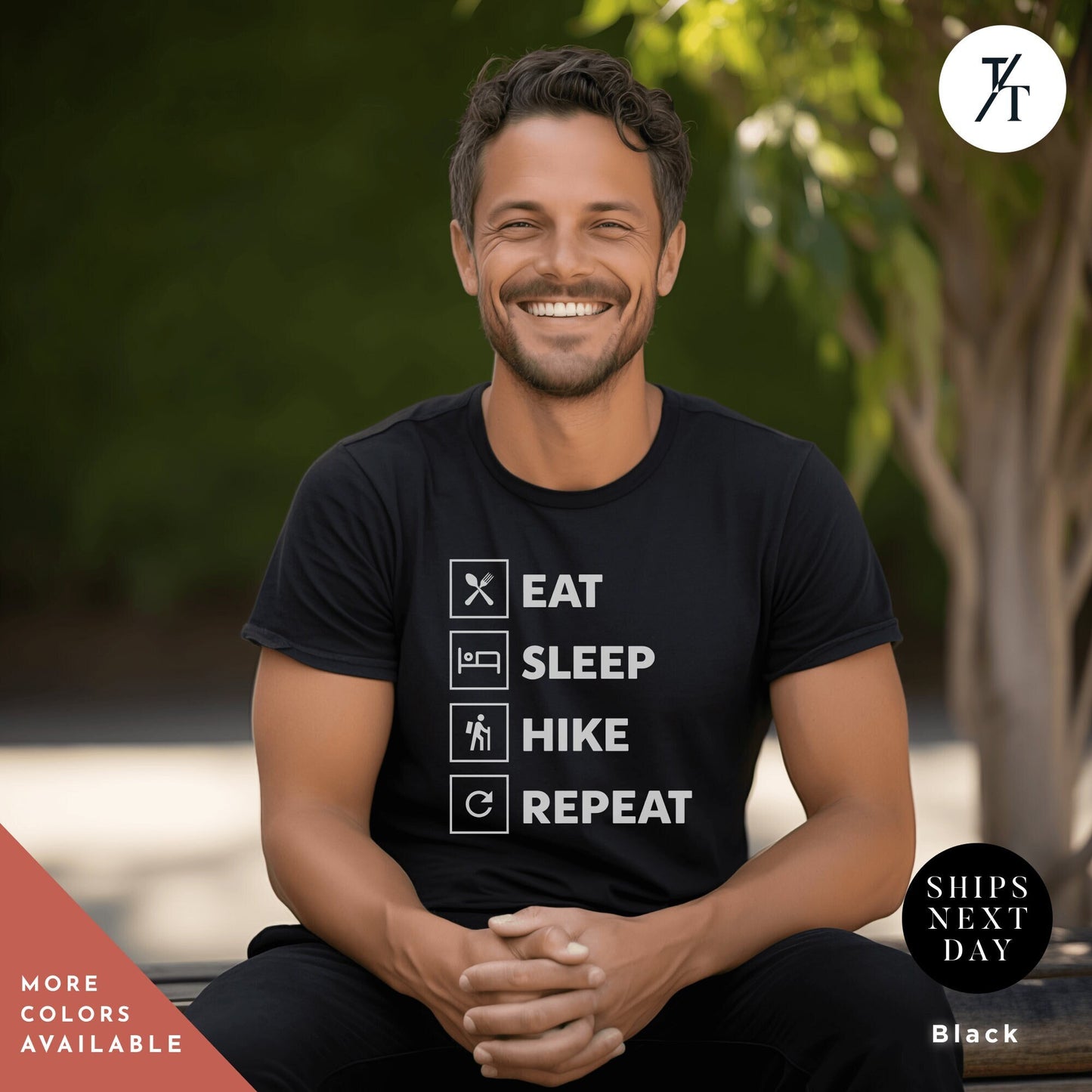 a man sitting on a bench wearing a black shirt Always Hiking Shirt, Hiking Gift, Nature Shirt, Travel tee, Mountain tShirt, Gift For Hiker, Wanderlust t-Shirt, Camping tshirt, hiking tee