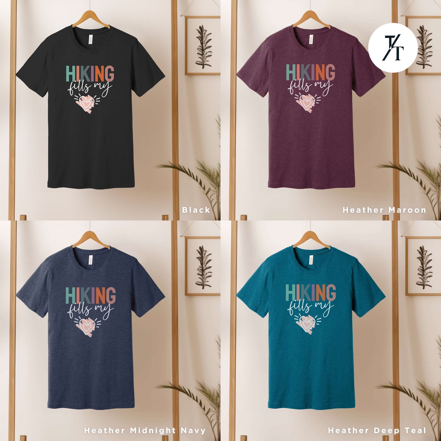 six t - shirts with the words hiking and hearts on them