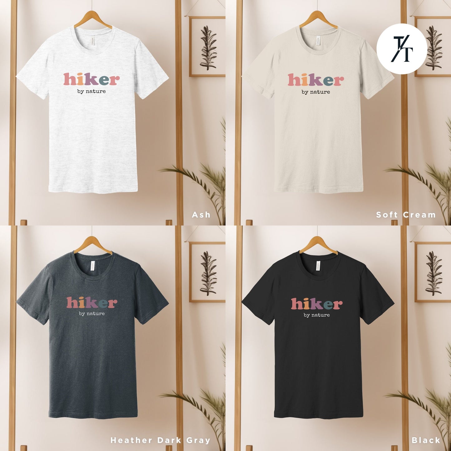 four different t - shirts hanging on a wooden rack