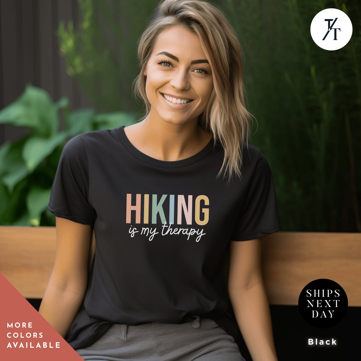 a woman sitting on a bench wearing a shirt that says hiking is my therapy Always Hiking Shirt, Hiking Gift, Nature Shirt, Travel tee, Mountain tShirt, Gift For Hiker, Wanderlust t-Shirt, Camping tshirt, hiking tee