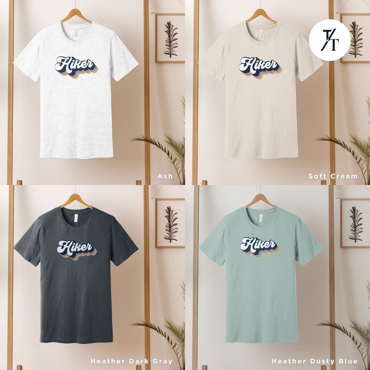 four different styles of t - shirts hanging on a wall