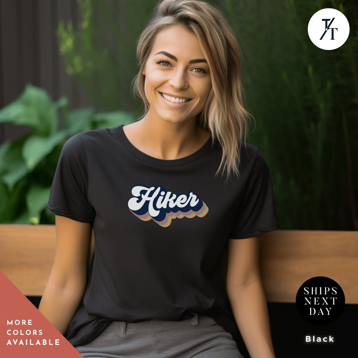 a woman sitting on a bench wearing a black shirt Always Hiking Shirt, Hiking Gift, Nature Shirt, Travel tee, Mountain tShirt, Gift For Hiker, Wanderlust t-Shirt, Camping tshirt, hiking tee
