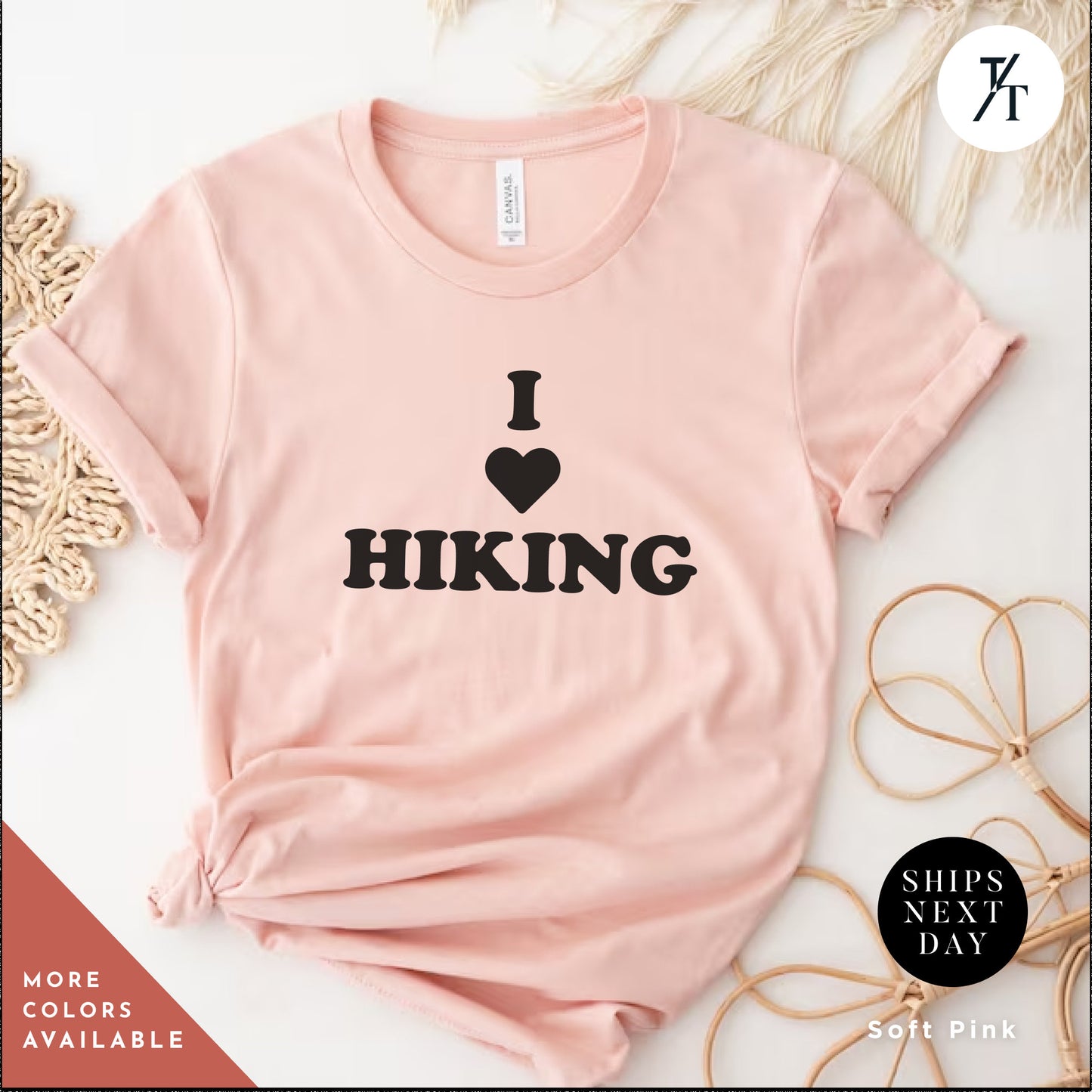 a pink shirt that says i love hiking