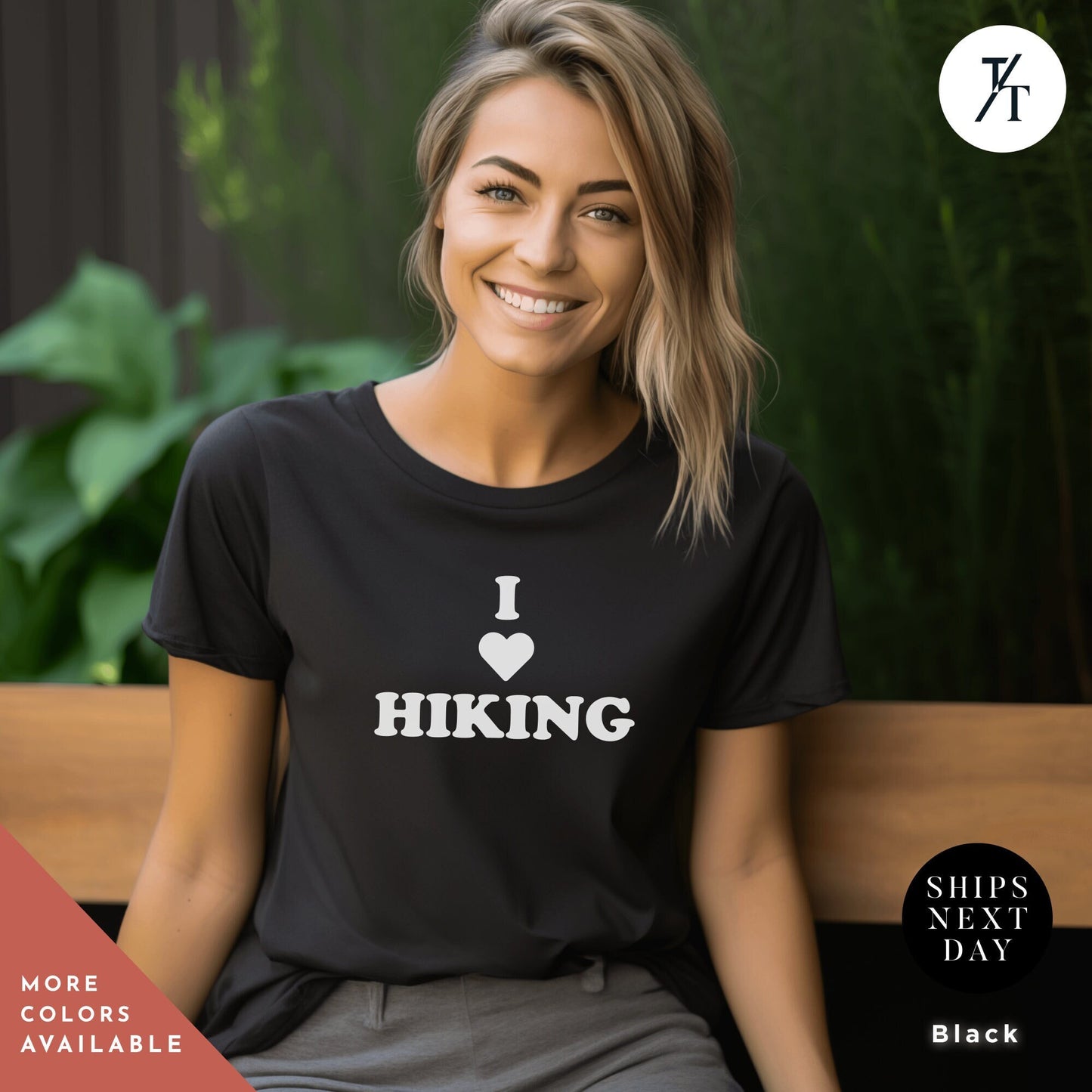 a woman sitting on a bench wearing a black shirt Always Hiking Shirt, Hiking Gift, Nature Shirt, Travel tee, Mountain tShirt, Gift For Hiker, Wanderlust t-Shirt, Camping tshirt, hiking tee