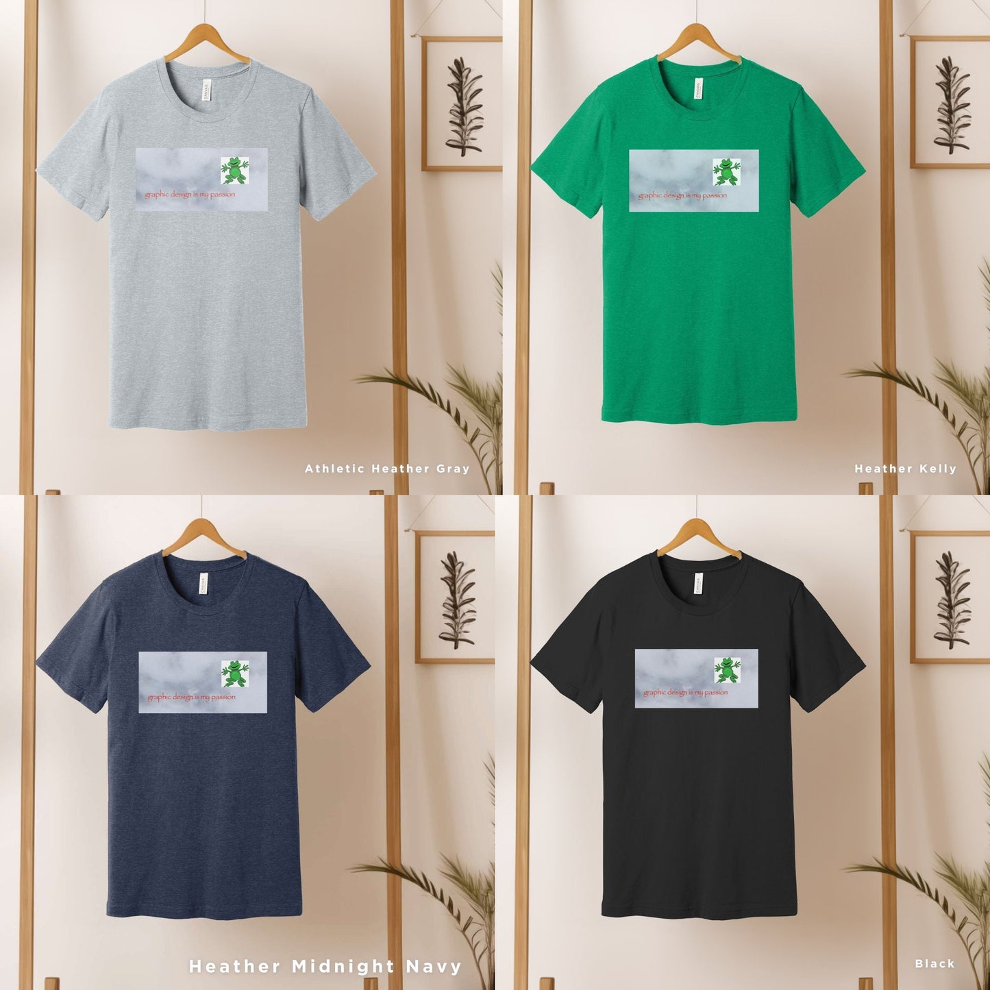 four t - shirts hanging on a wooden rackGraphic Design Is My Passion funny shirt, Unisex T, Graphic Designer Gift, Bad Design Is Better, Graphic Design Meme, Cool Gift Designer