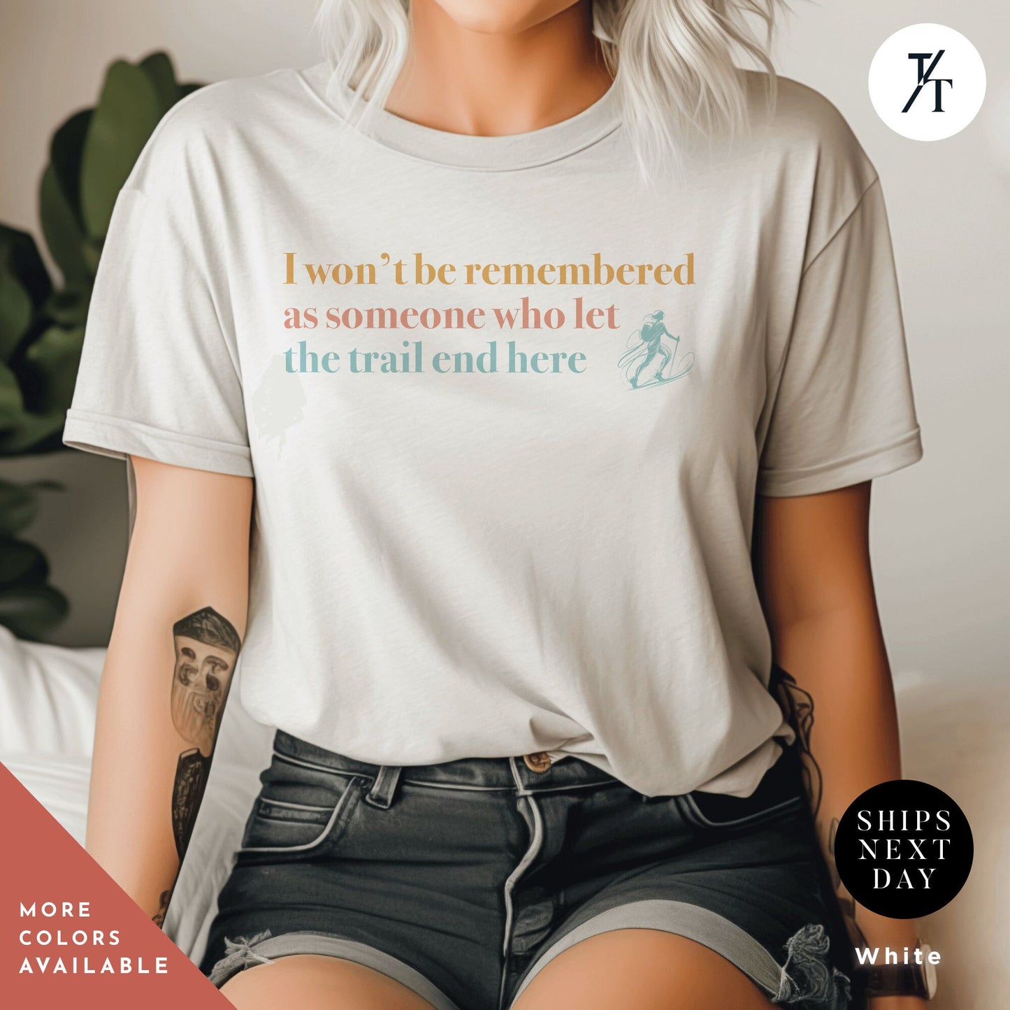 a woman sitting on a bed wearing a white shirt Always Hiking Shirt, Hiking Gift, Nature Shirt, Travel tee, Mountain tShirt, Gift For Hiker, Wanderlust t-Shirt, Camping tshirt, hiking tee