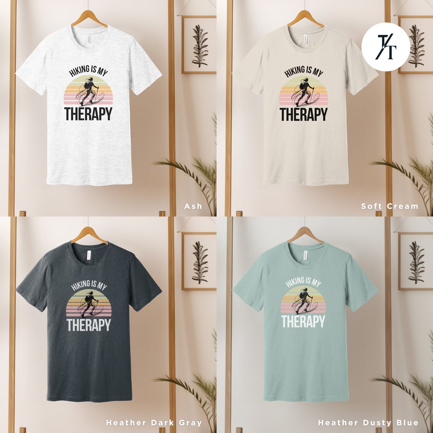four t - shirts hanging on a wall with a plant in front of them
