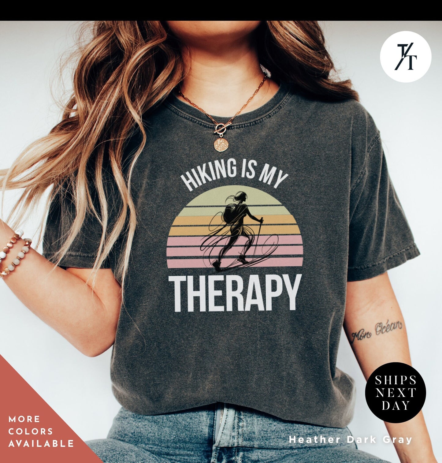 a woman wearing a shirt that says biking is my therapy Always Hiking Shirt, Hiking Gift, Nature Shirt, Travel tee, Mountain tShirt, Gift For Hiker, Wanderlust t-Shirt, Camping tshirt, hiking tee
