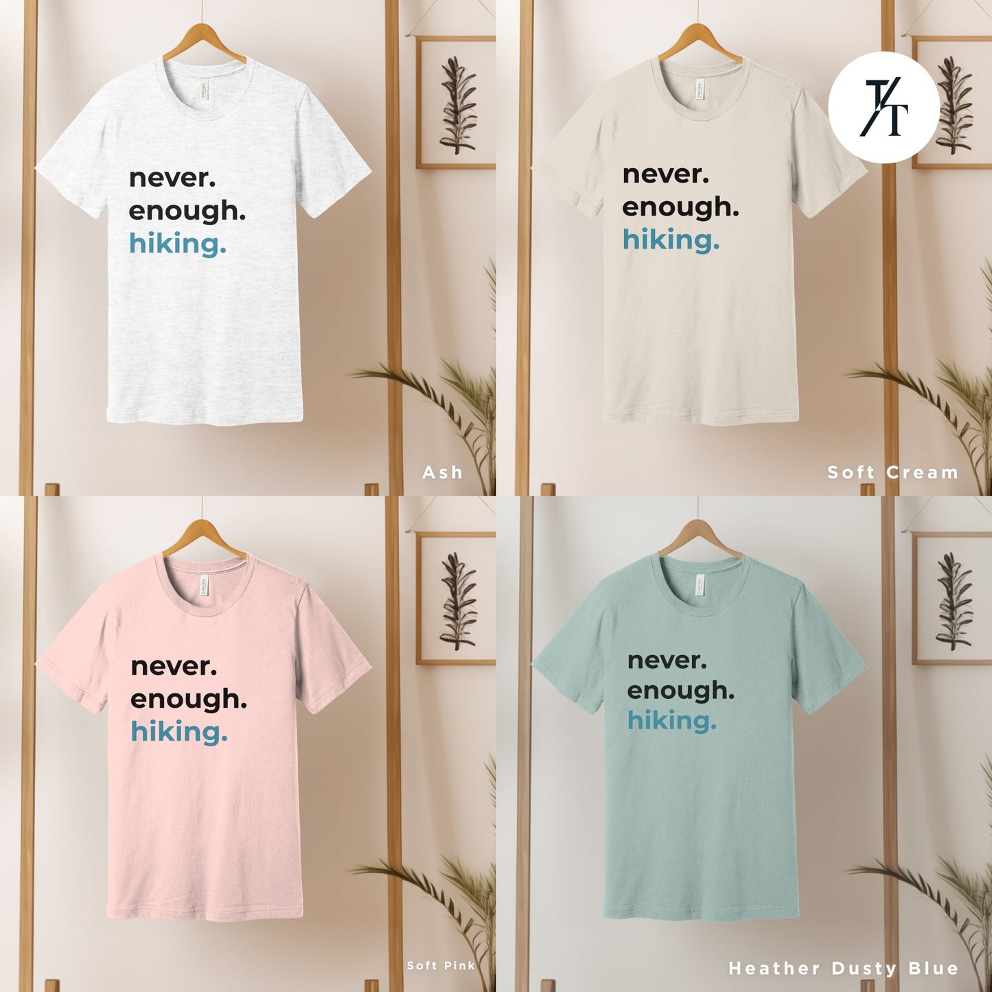 four t - shirts hanging on a wooden rack