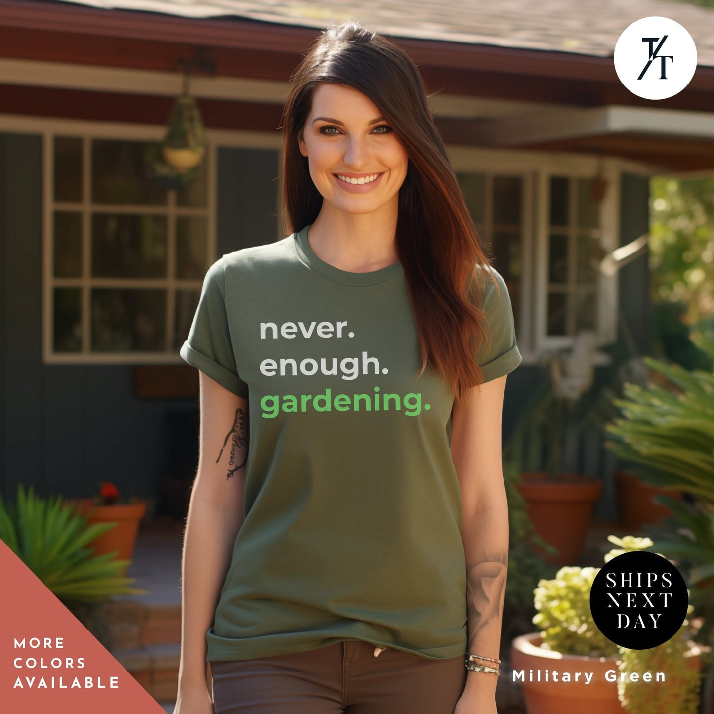 a woman standing in front of a house wearing a t - shirt that says never
