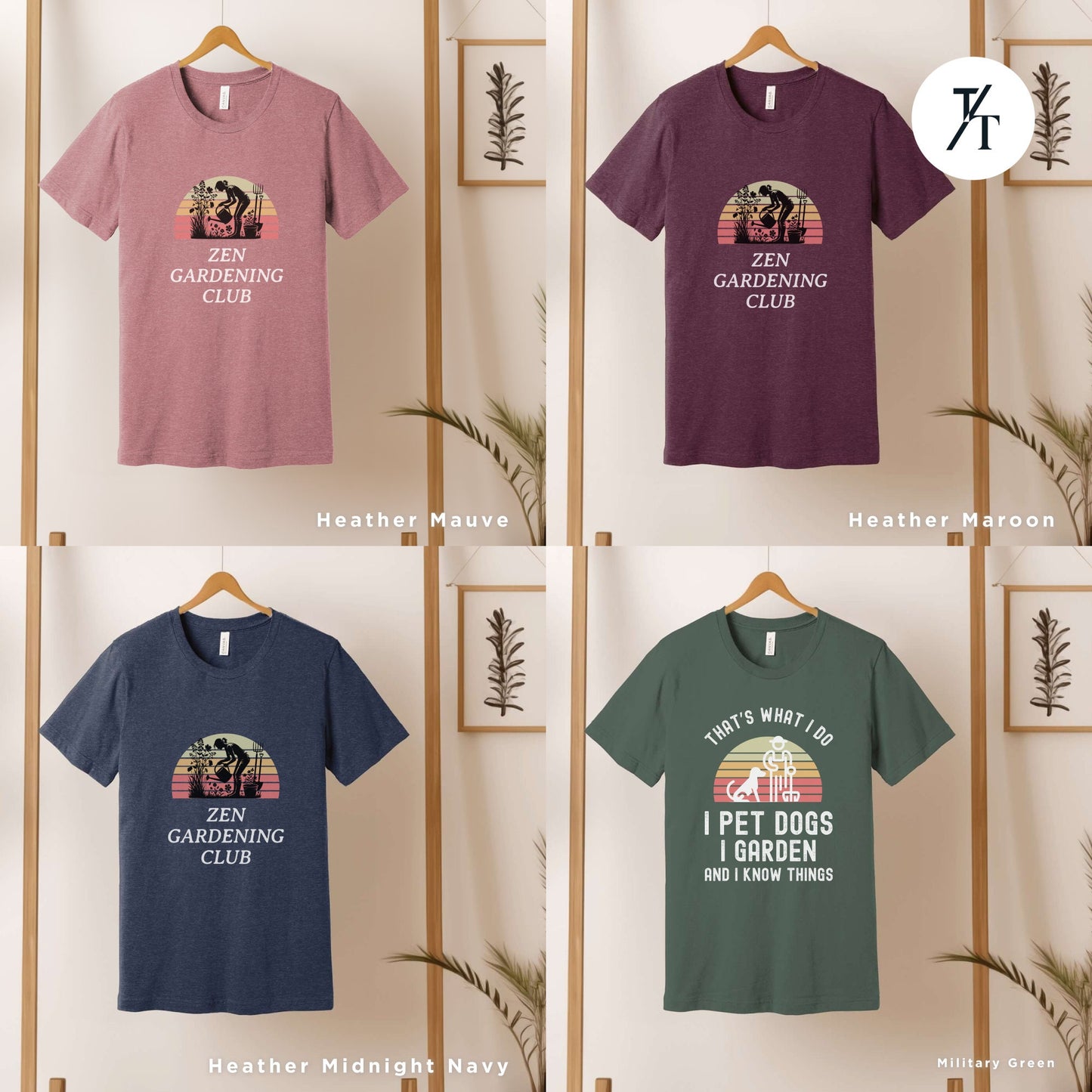 six t - shirts of different colors and designs on a rack
