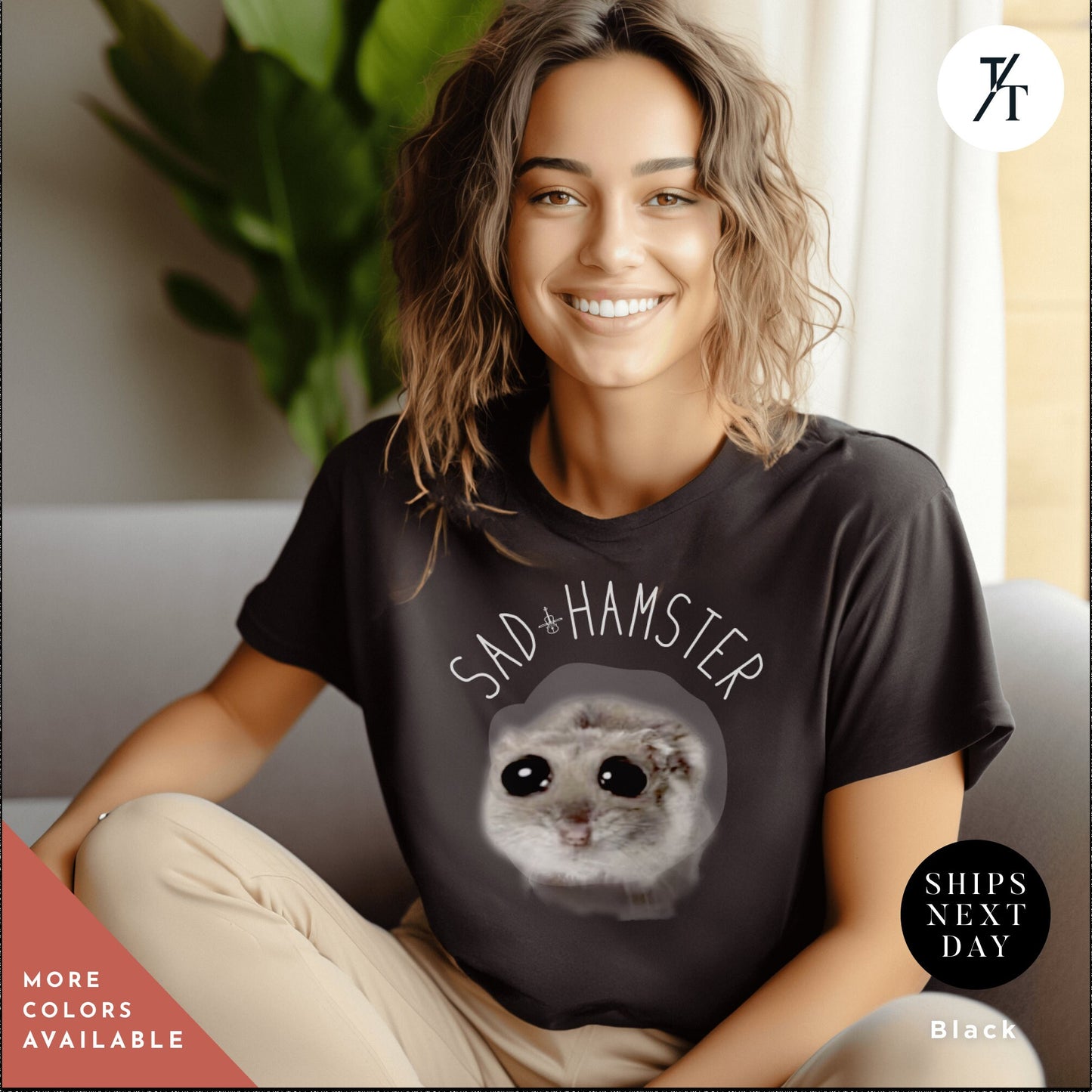 a woman sitting on a couch wearing a t - shirt that says i'm literally just a girl, a woman wearing a t - shirt with a sad hamster on it, Sad Hamster Tshirt | Gift For Her | Unisex Tee | I'M Just A Girl Sad Hamster Meme T-Shirt |