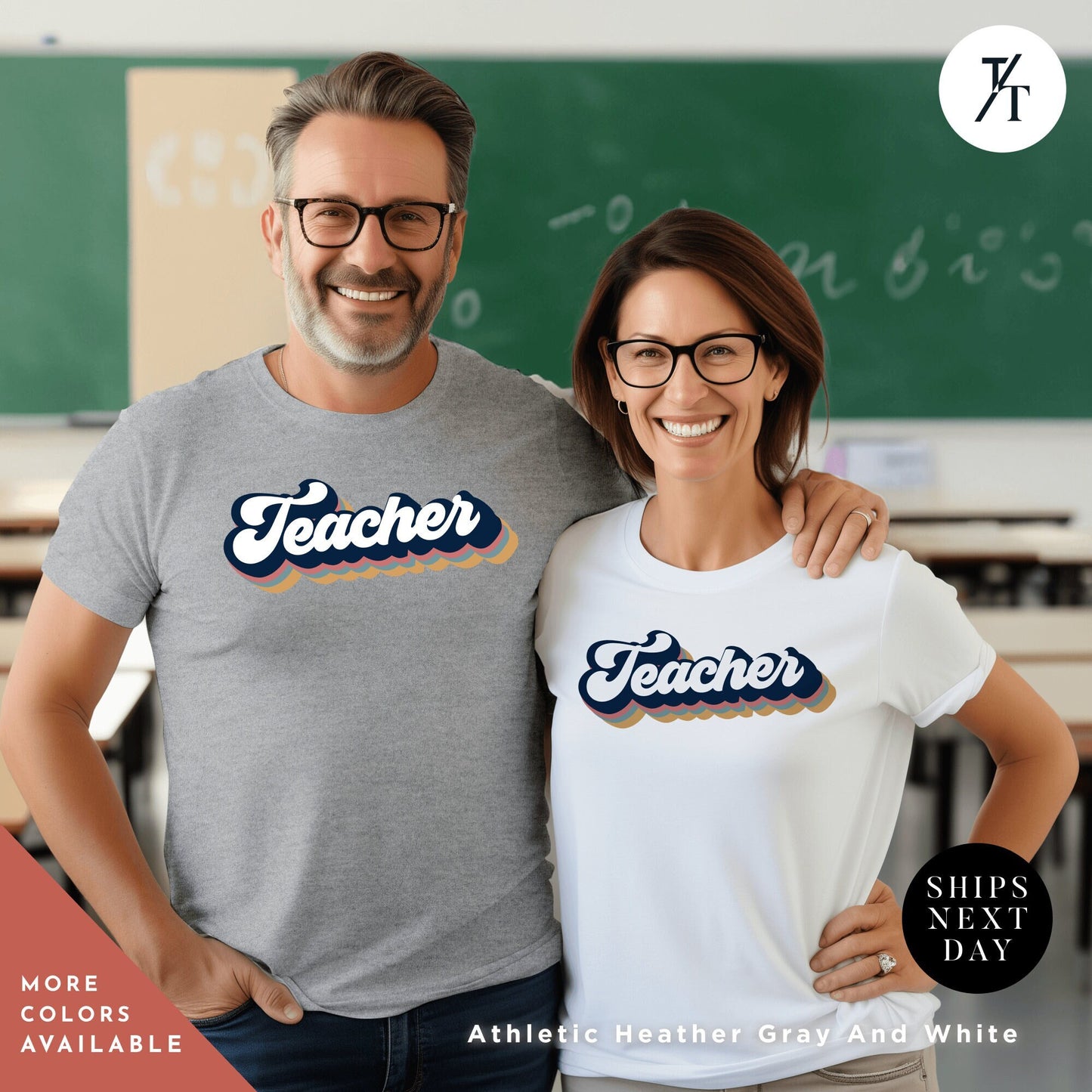 a man and a woman standing next to each other in front of a chalkboard, Teacher Team T-Shirt, teacher t shirt best seller, Last Day Of School, Teacher tShirts, Test Day Shirt, Teacher Tee, Back To School
